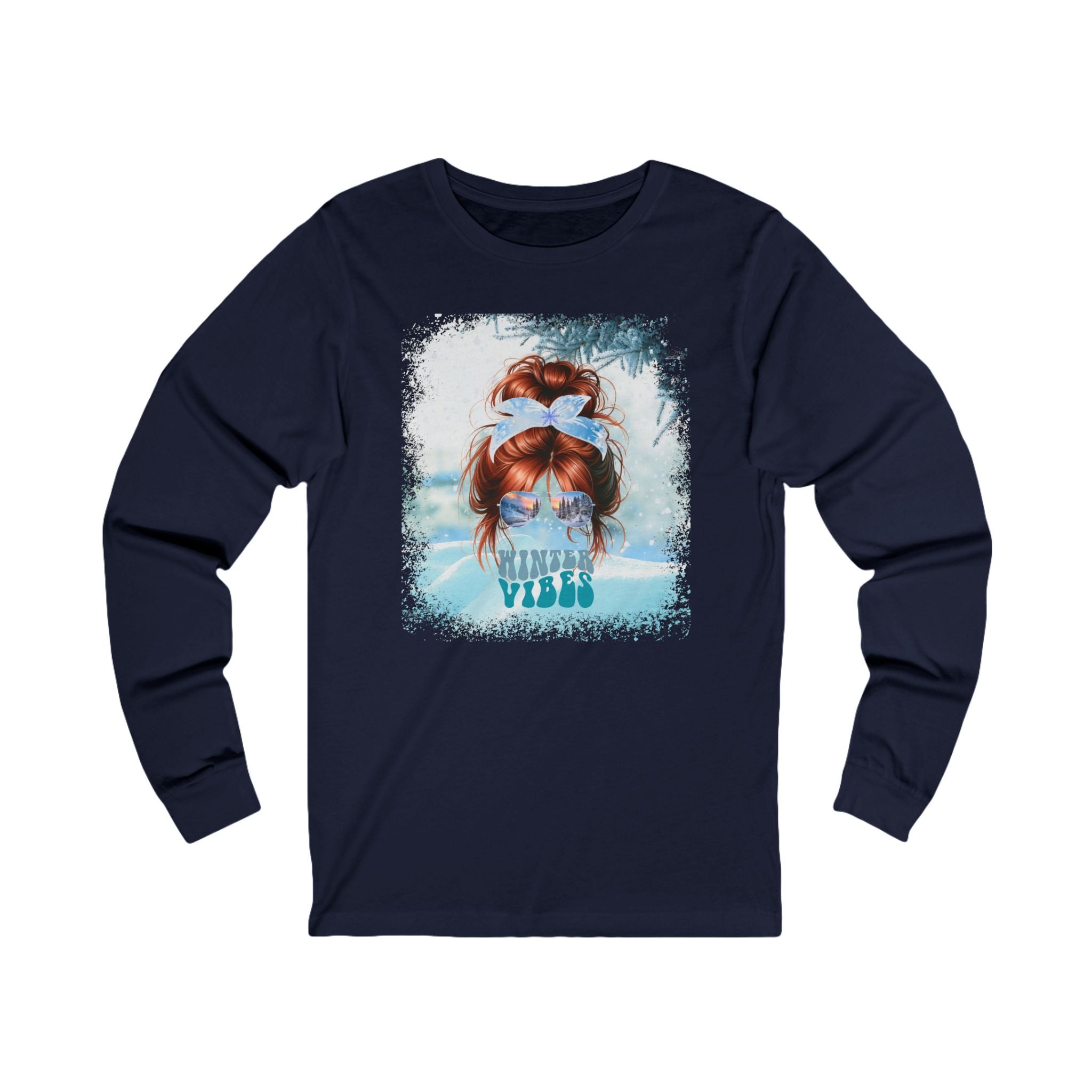 Winter Vibes Snow, Red Hair Messy Bun, Unisex Jersey Long Sleeve Tee