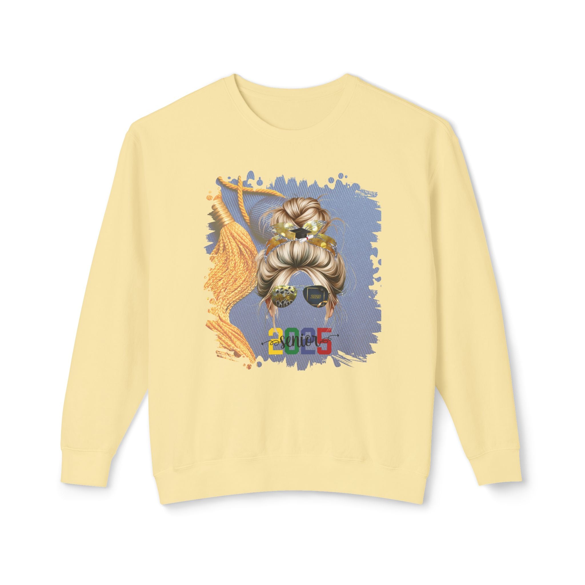 Senior 2025 Colorful, Graduation Cap, Blond Hair Messy Bun, Unisex Lightweight Crewneck Sweatshirt
