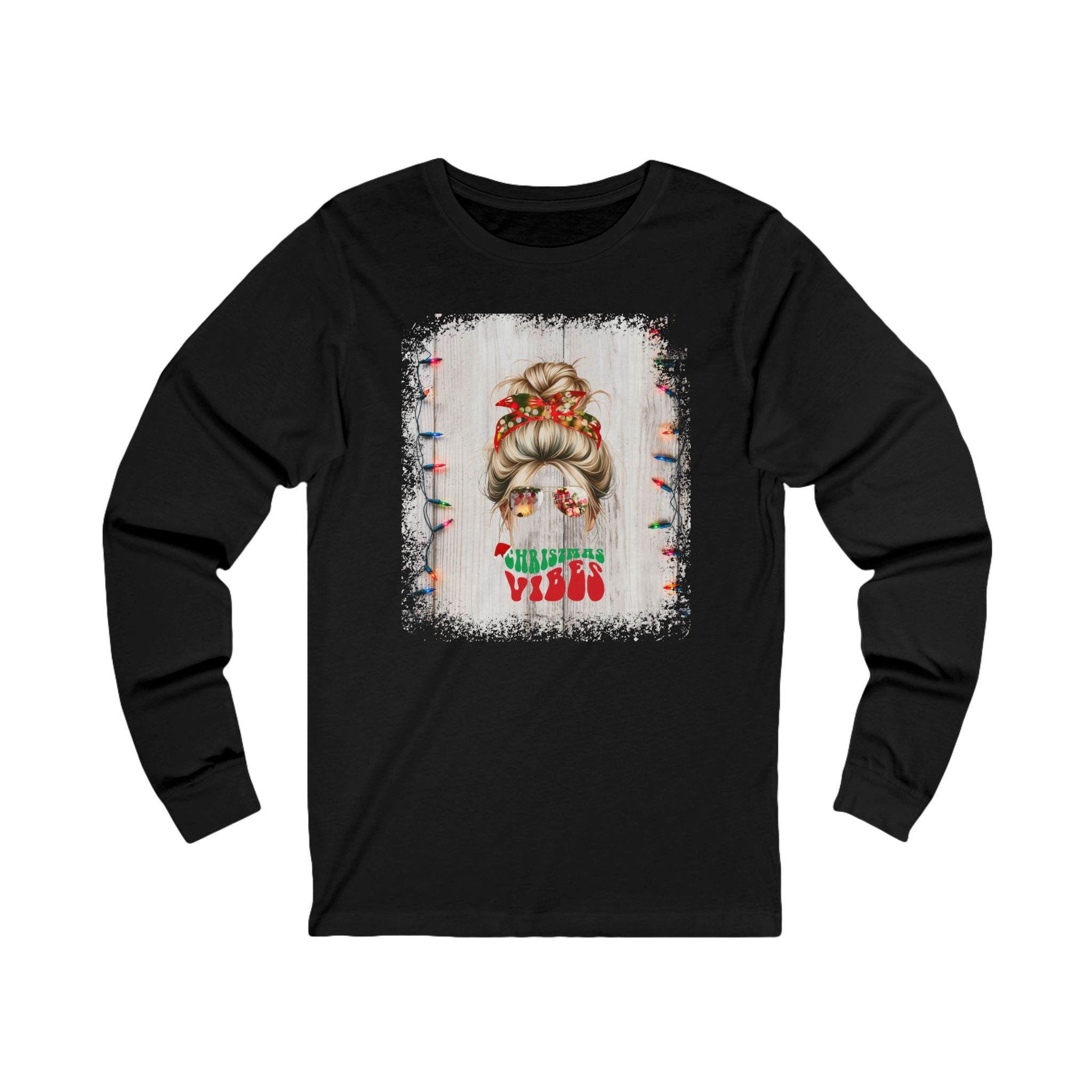 Christmas Vibes Christmas Lights String, Blond Hair Messy Bun, Unisex Jersey Long Sleeve Tee