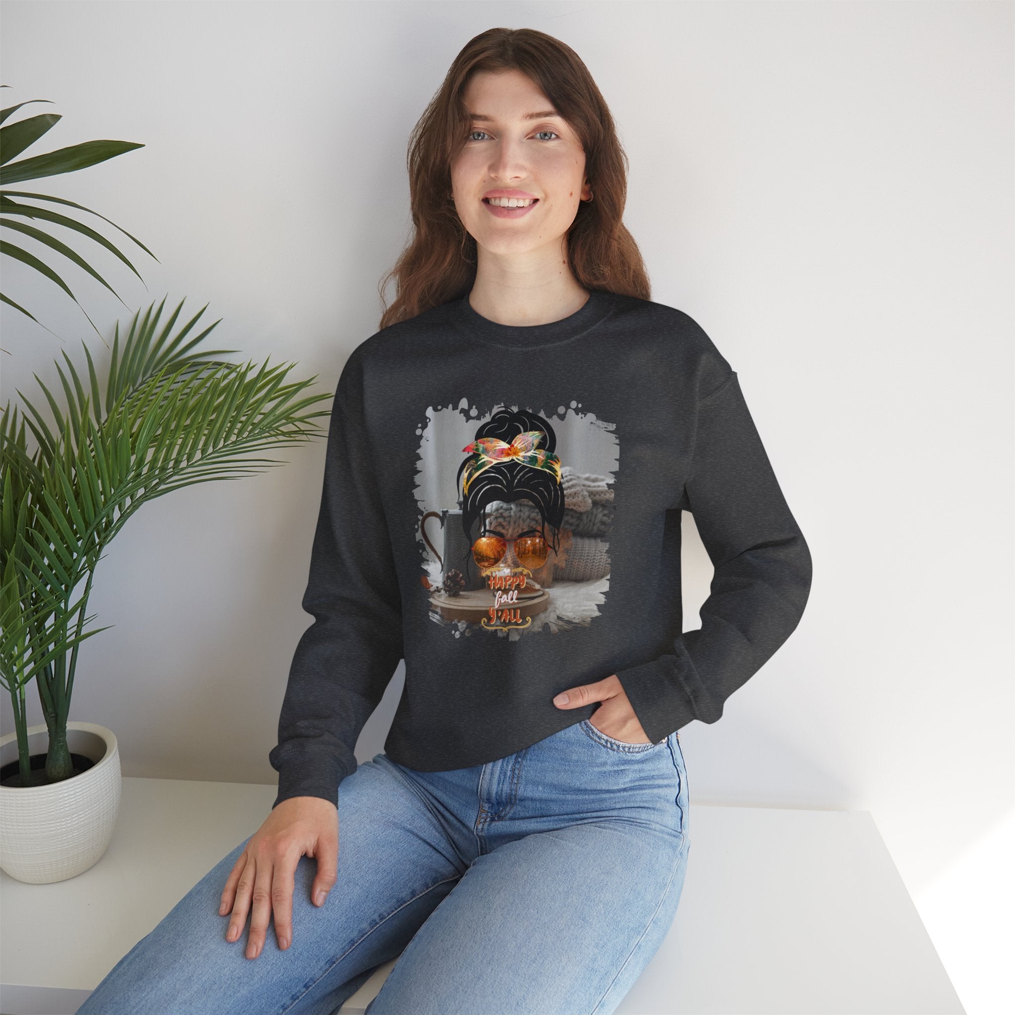 Happy Fall Y'all Fall Sweater, Dark Hair Messy Bun, Unisex Heavy Blend™ Crewneck Sweatshirt