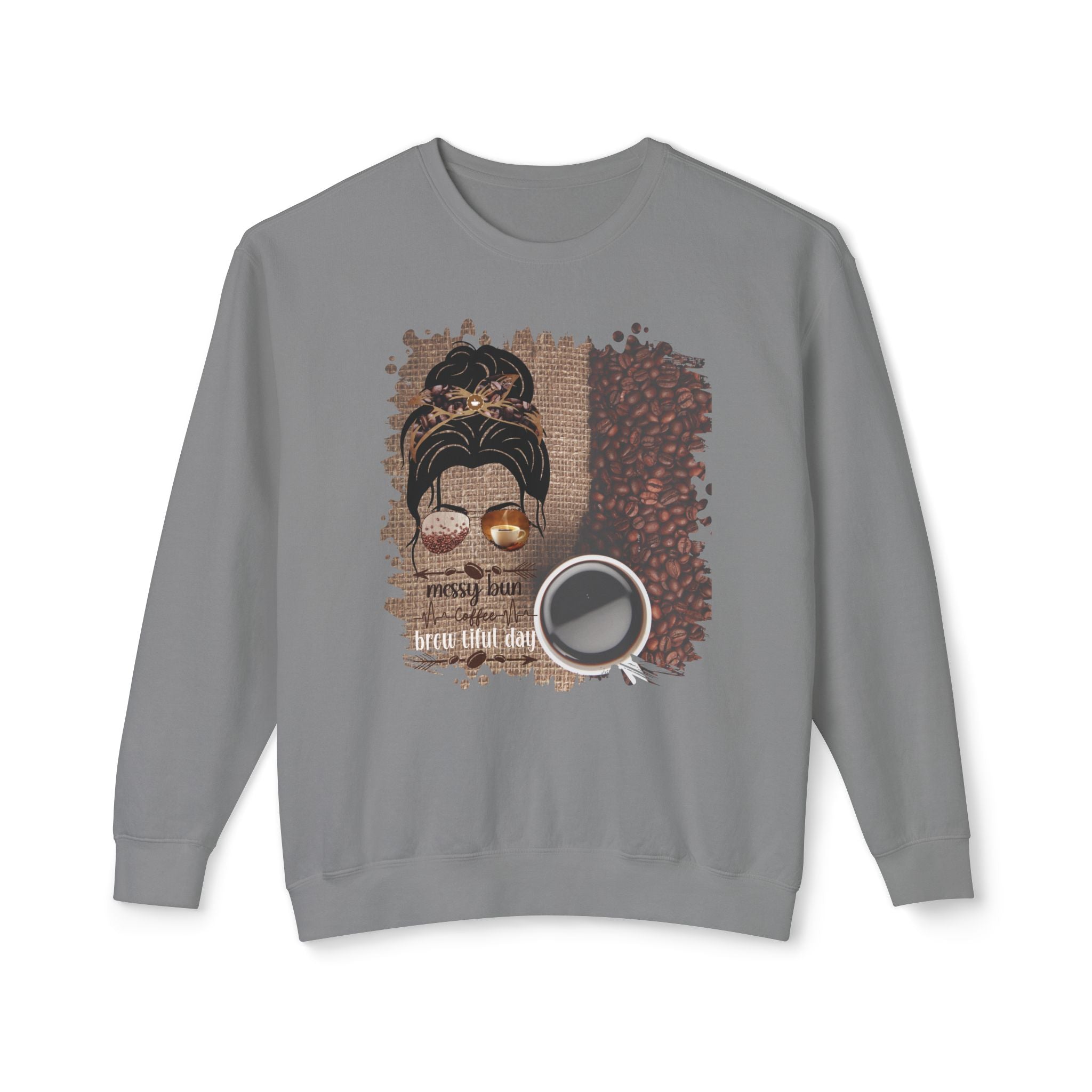 Coffee Heartbeat, Coffee Beans Bag, Dark Hair Messy Bun, Unisex Lightweight Crewneck Sweatshirt