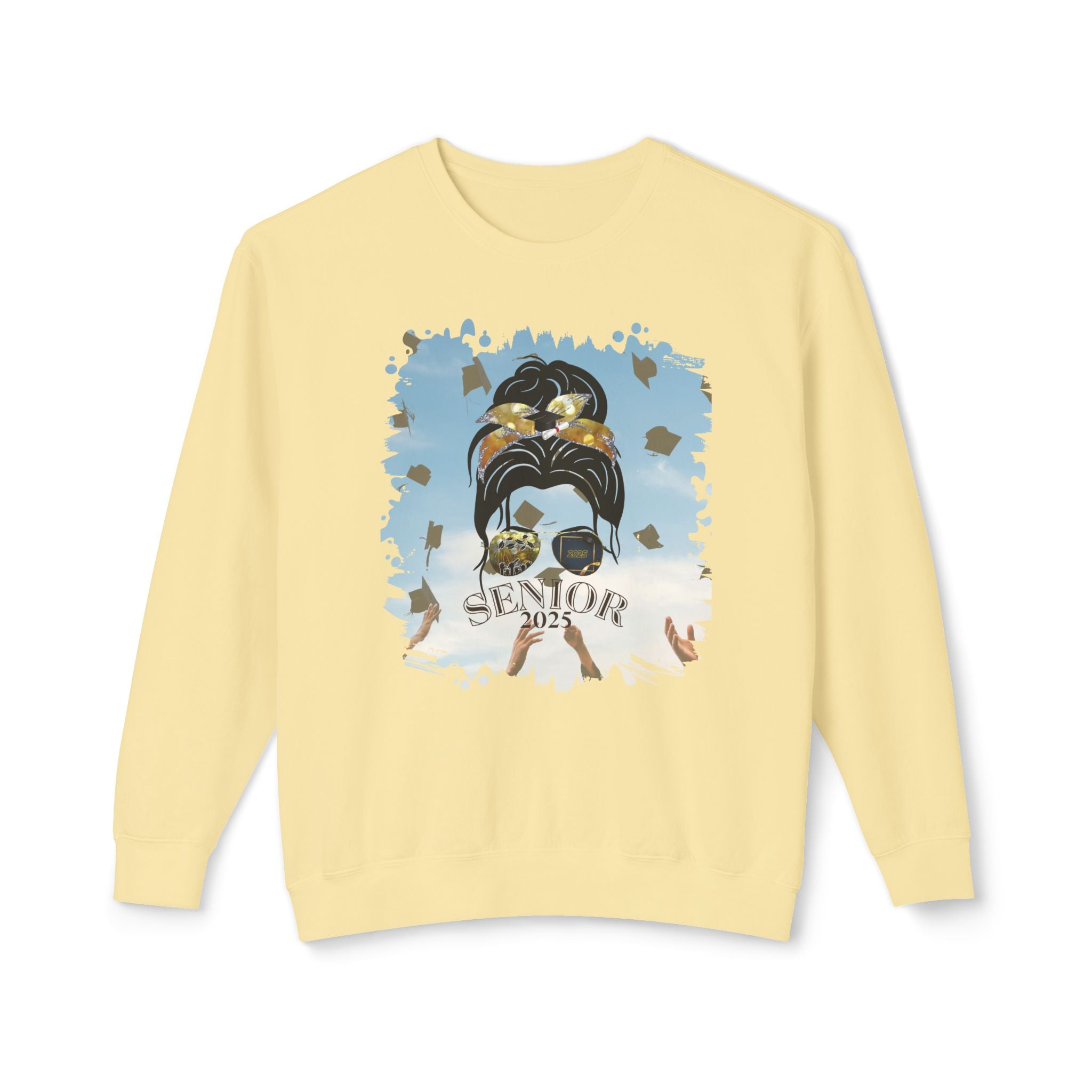 Senior 2025, Celebration, Dark Hair Messy Bun, Unisex Lightweight Crewneck Sweatshirt