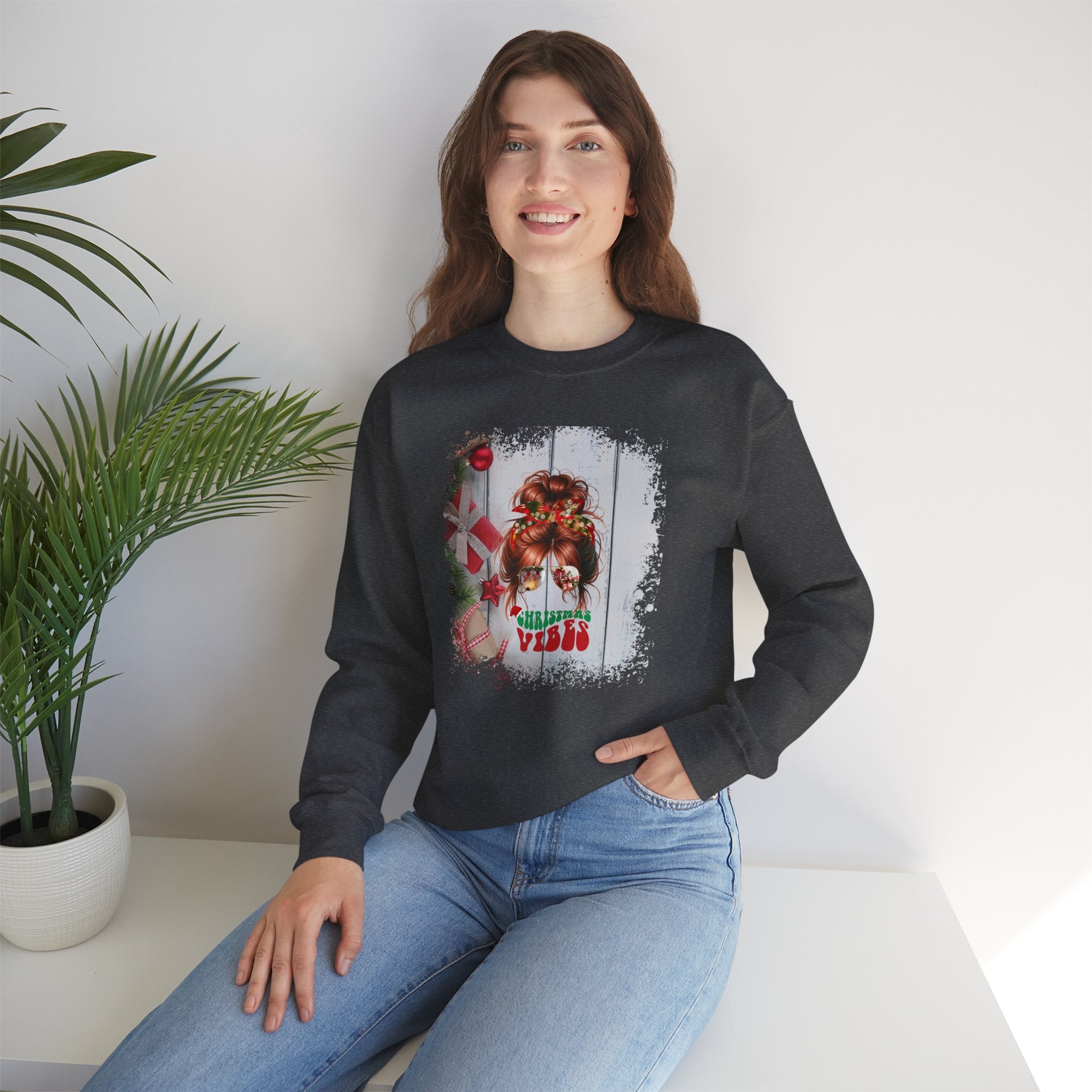 Christmas Vibes Christmas Presents, Red Hair Messy Bun, Unisex Heavy Blend™ Crewneck Sweatshirt