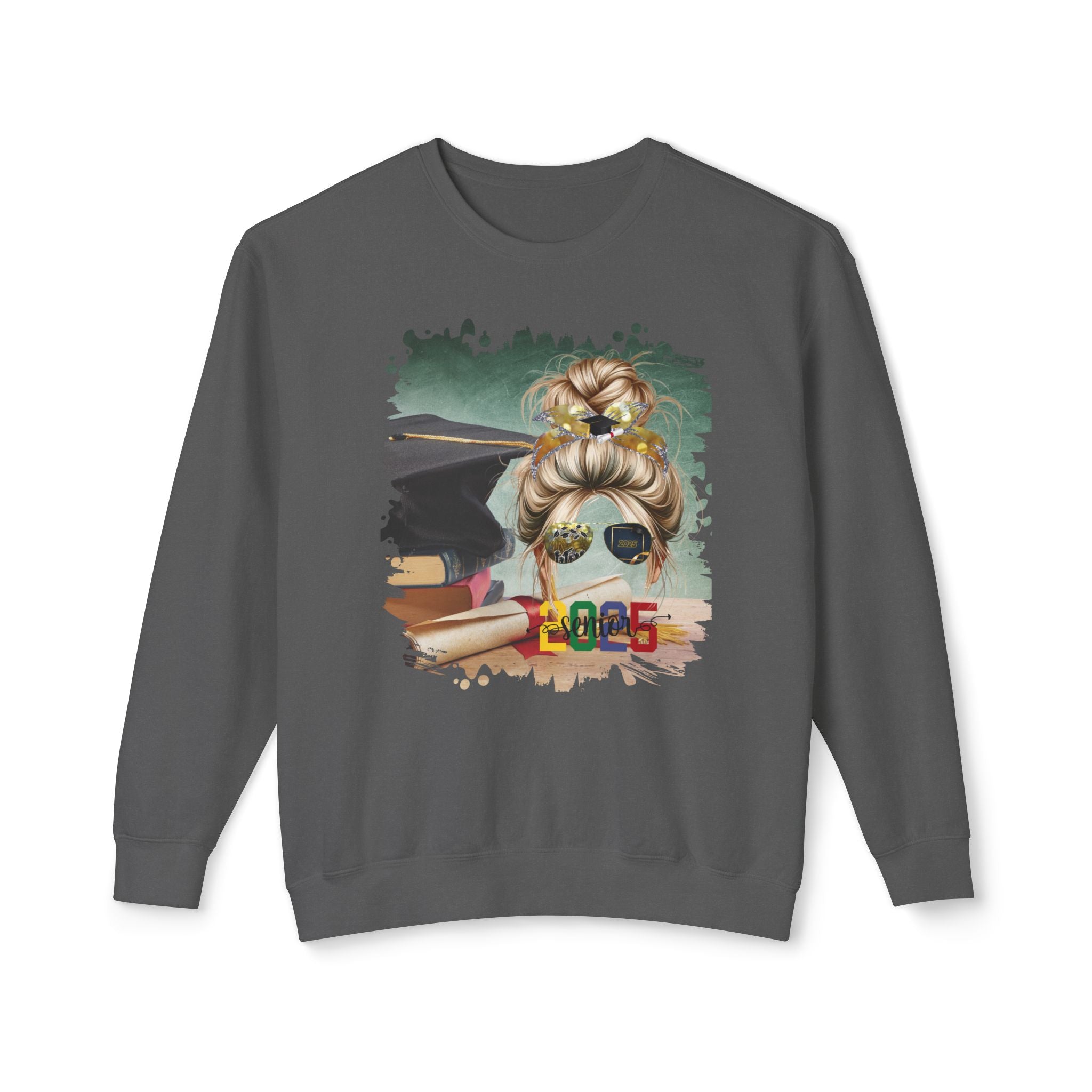 Senior 2025 Colorful, Cap & Degree/Diploma, Blond Hair Messy Bun, Unisex Lightweight Crewneck Sweatshirt