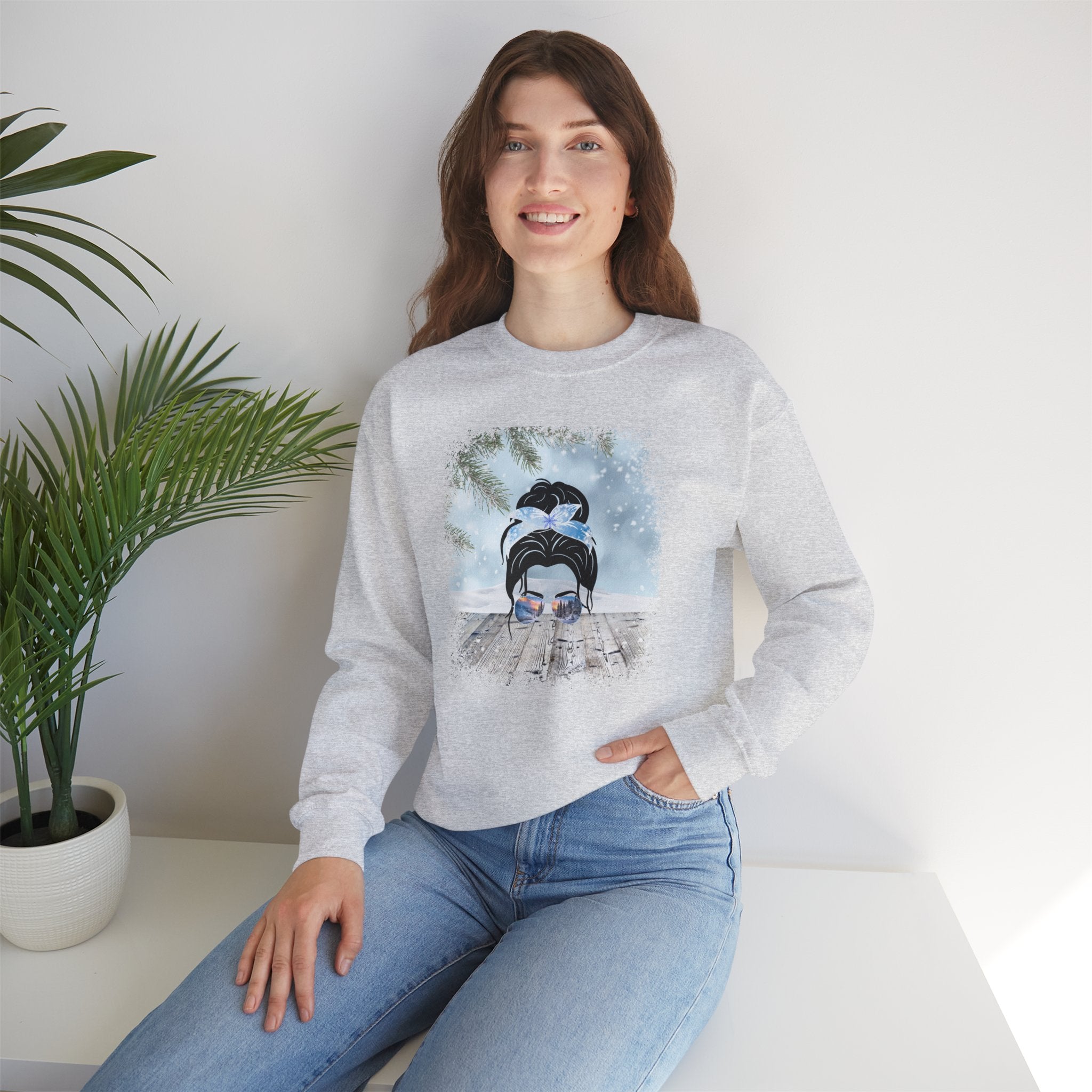 Snowy Porch, Dark Hair Messy Bun, Unisex Heavy Blend™ Crewneck Sweatshirt