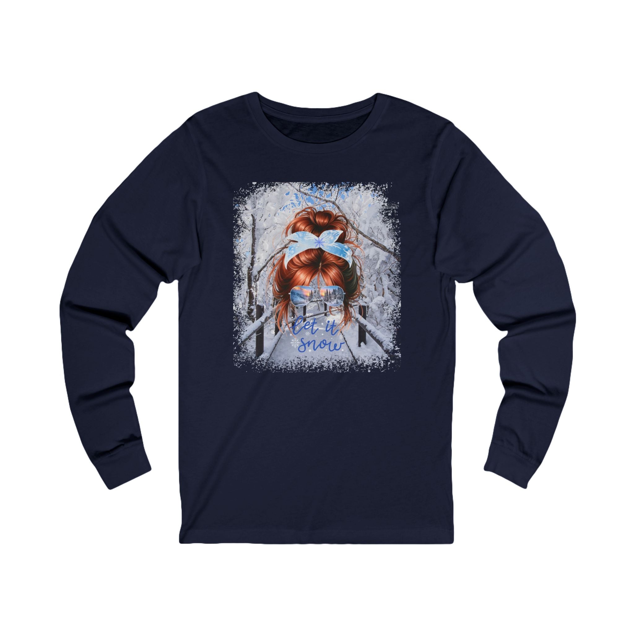 Let it Snow Winter Hike, Red Hair Messy Bun, Unisex Jersey Long Sleeve Tee