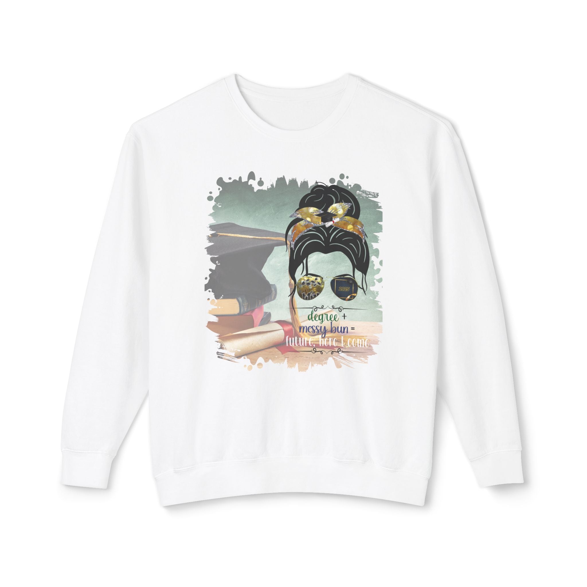 Degree + Messy Bun, Cap & Degree/Diploma, Dark Hair Messy Bun, Unisex Lightweight Crewneck Sweatshirt