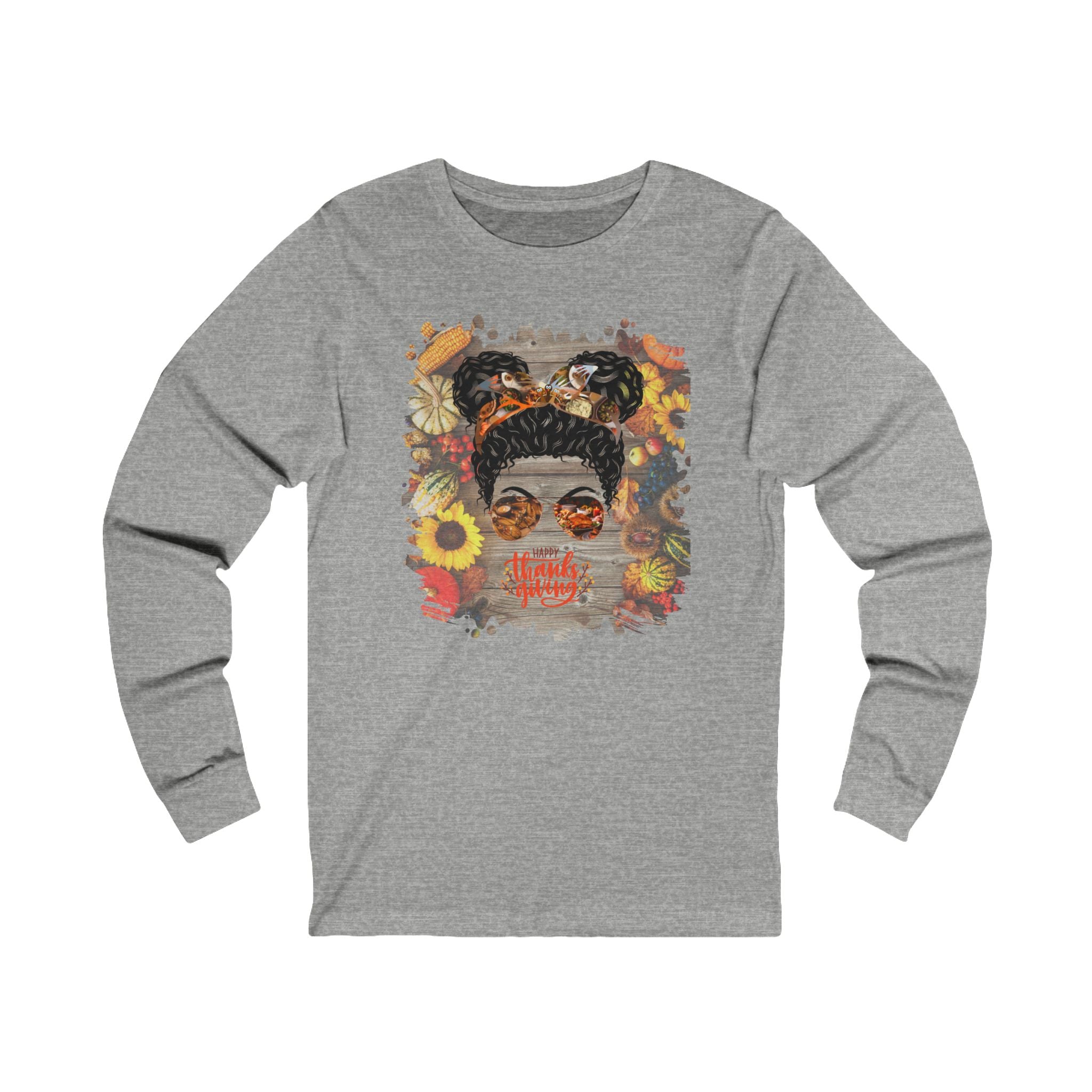 Happy Thanksgiving Decorated Background, Black Hair Messy Bun, Unisex Jersey Long Sleeve Tee