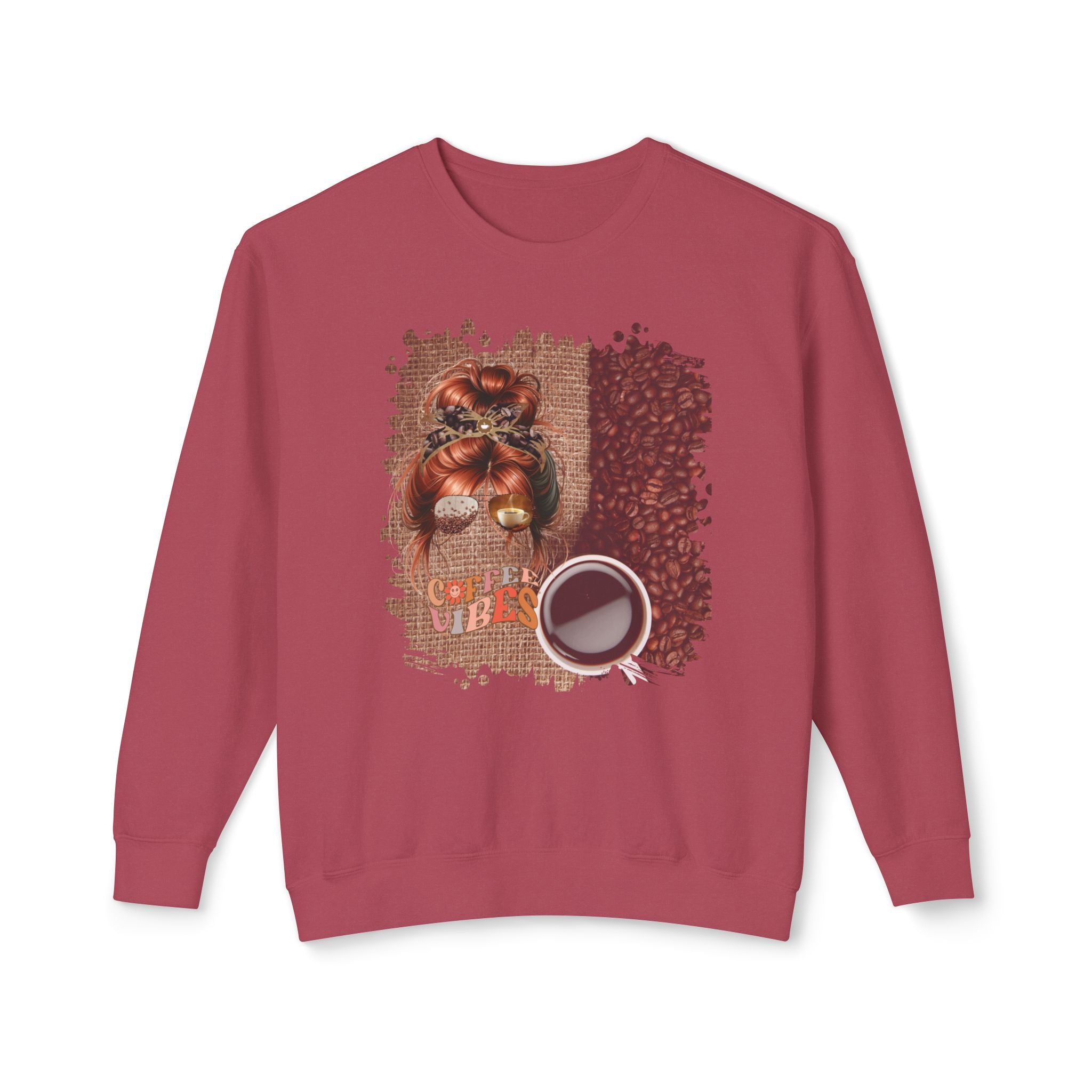 Coffee Vibes, Coffee Beans Bag, Red Hair Messy Bun, Unisex Lightweight Crewneck Sweatshirt
