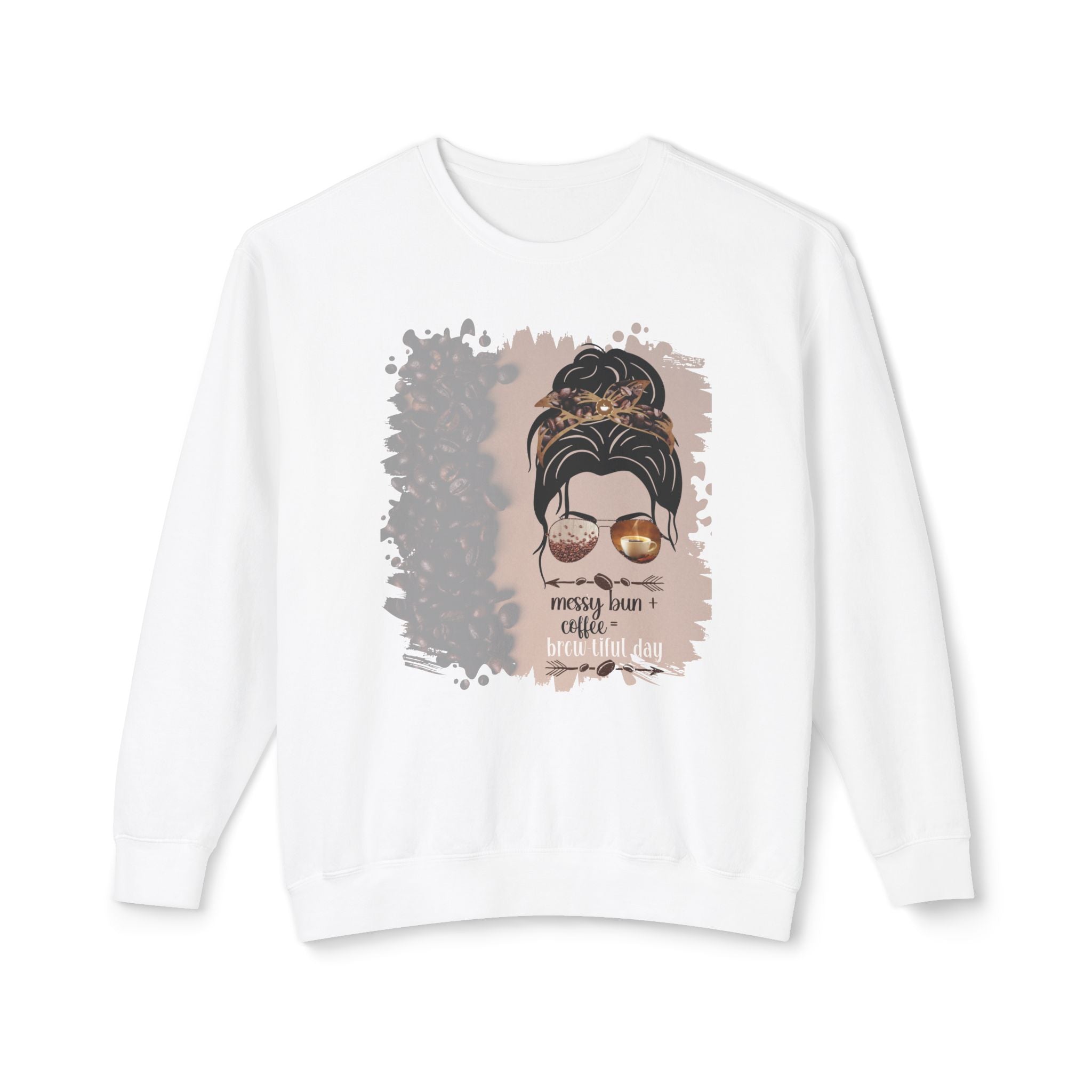 Messy Bun plus Coffee, Coffee Beans Shade, Dark Hair Messy Bun, Unisex Lightweight Crewneck Sweatshirt
