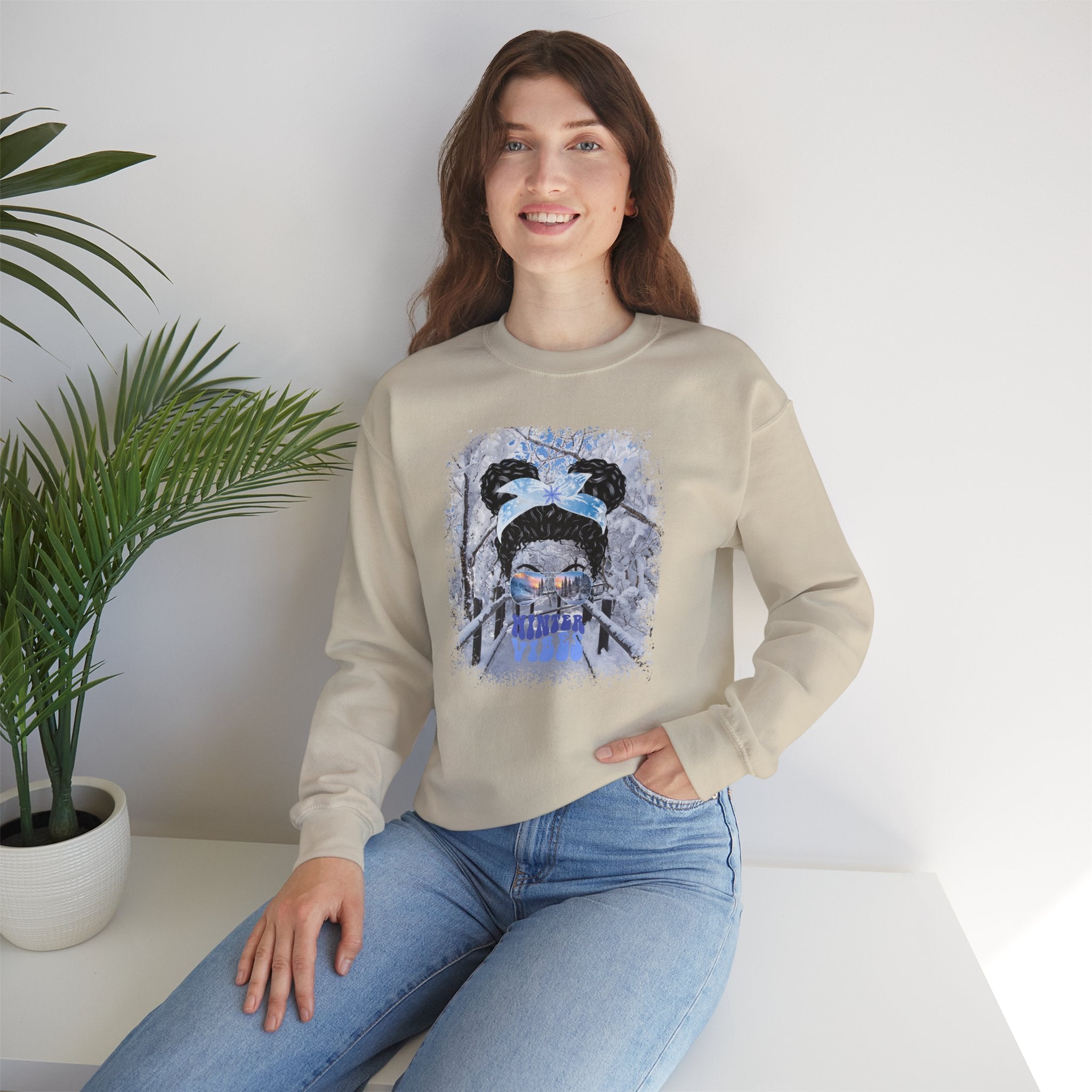 Winter Vibes Winter Hike, Black Hair Messy Bun, Unisex Heavy Blend™ Crewneck Sweatshirt