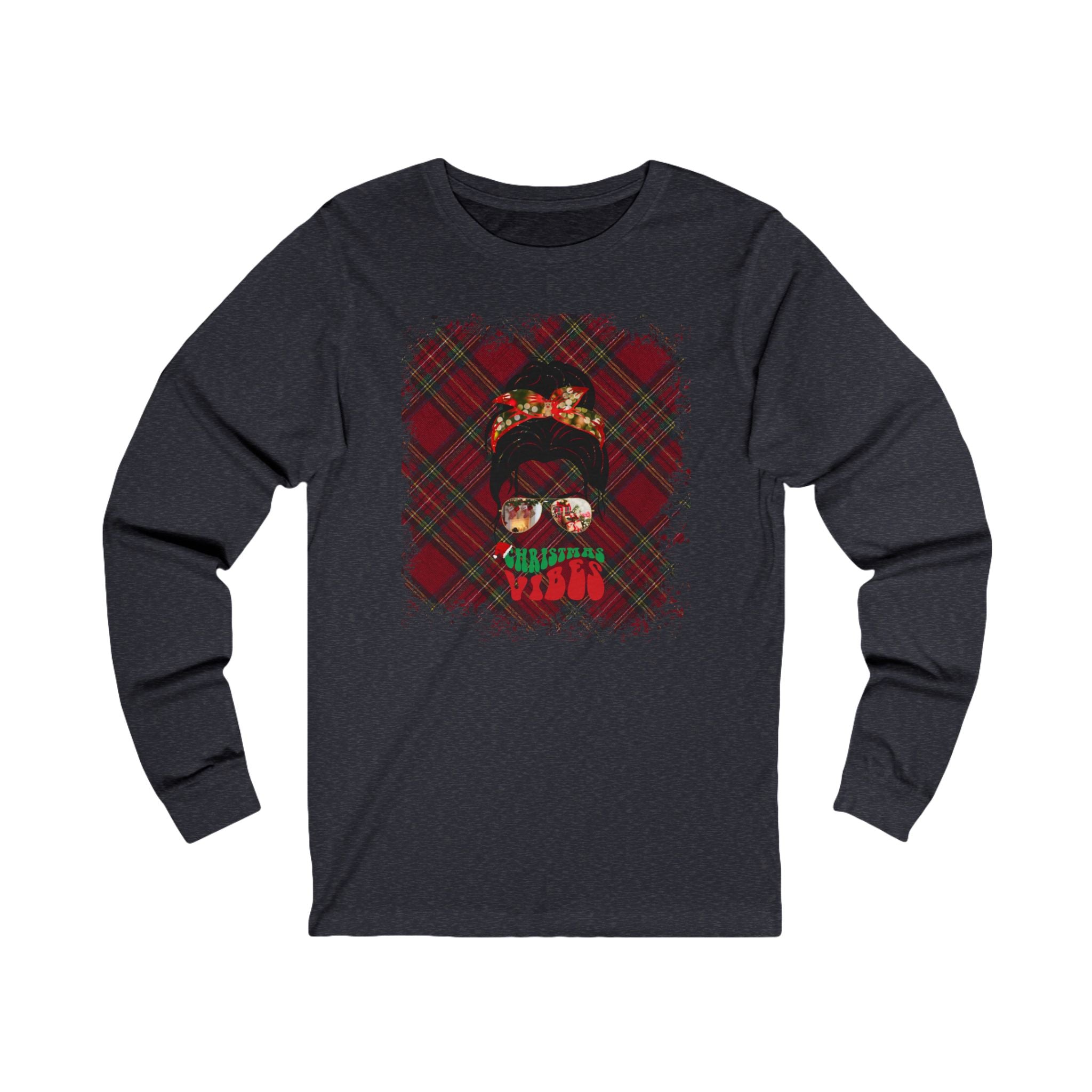 Christmas Vibes Christmas Plaid, Dark Hair Messy Bun, Unisex Jersey Long Sleeve Tee