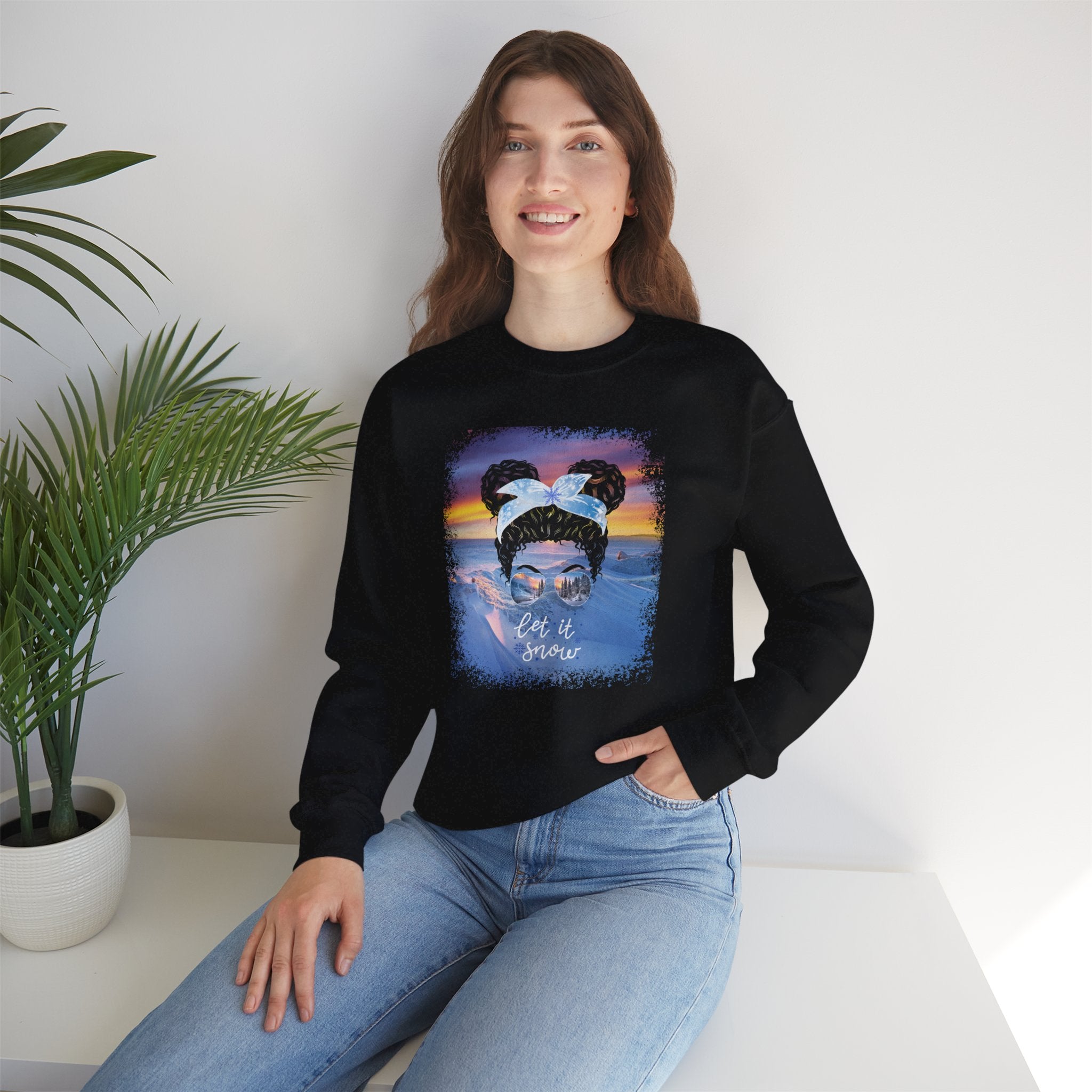 Let it Snow Winter Mountain, Black Hair Messy Bun, Unisex Heavy Blend™ Crewneck Sweatshirt