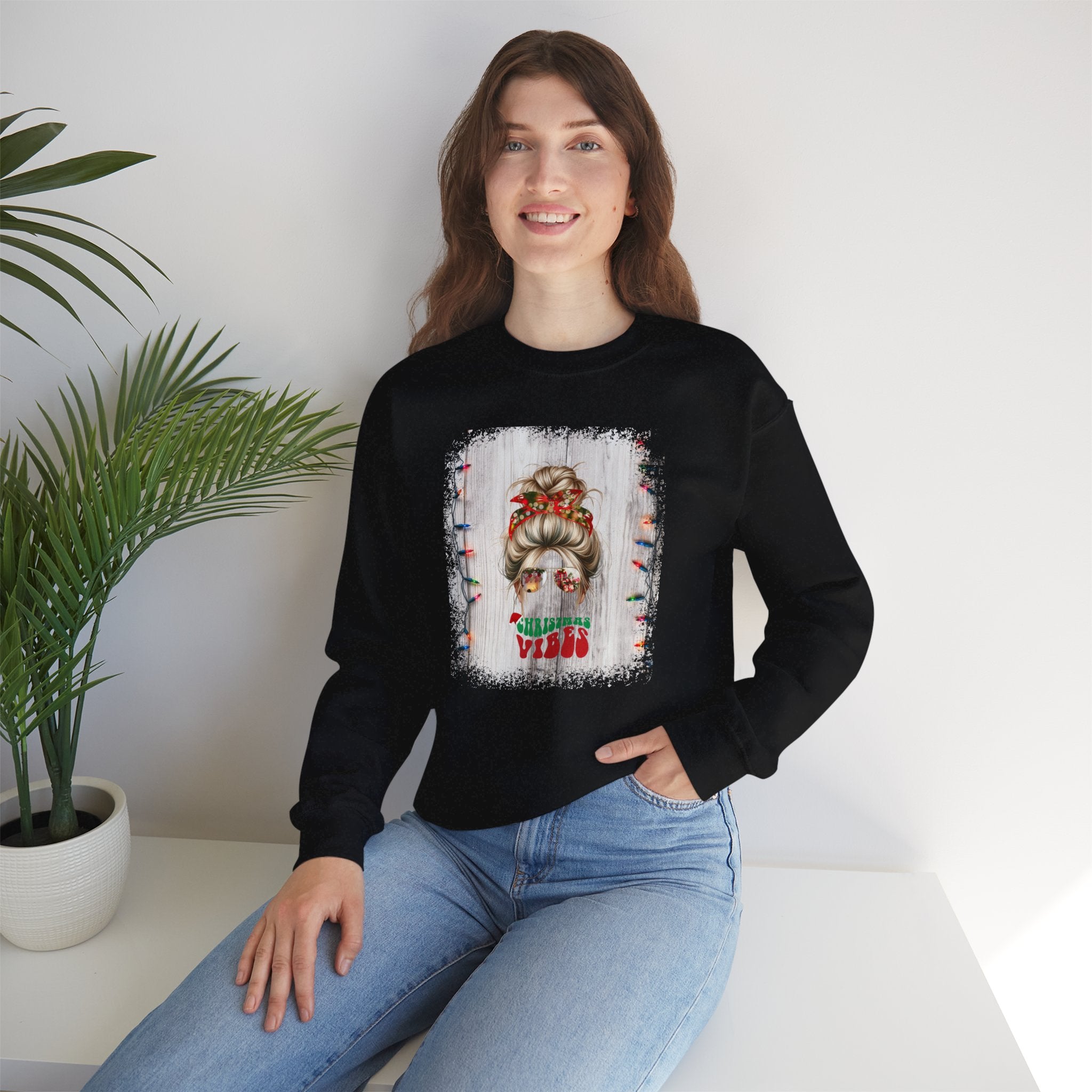 Christmas Vibes Christmas String Lights, Blond Hair Messy Bun, Unisex Heavy Blend™ Crewneck Sweatshirt