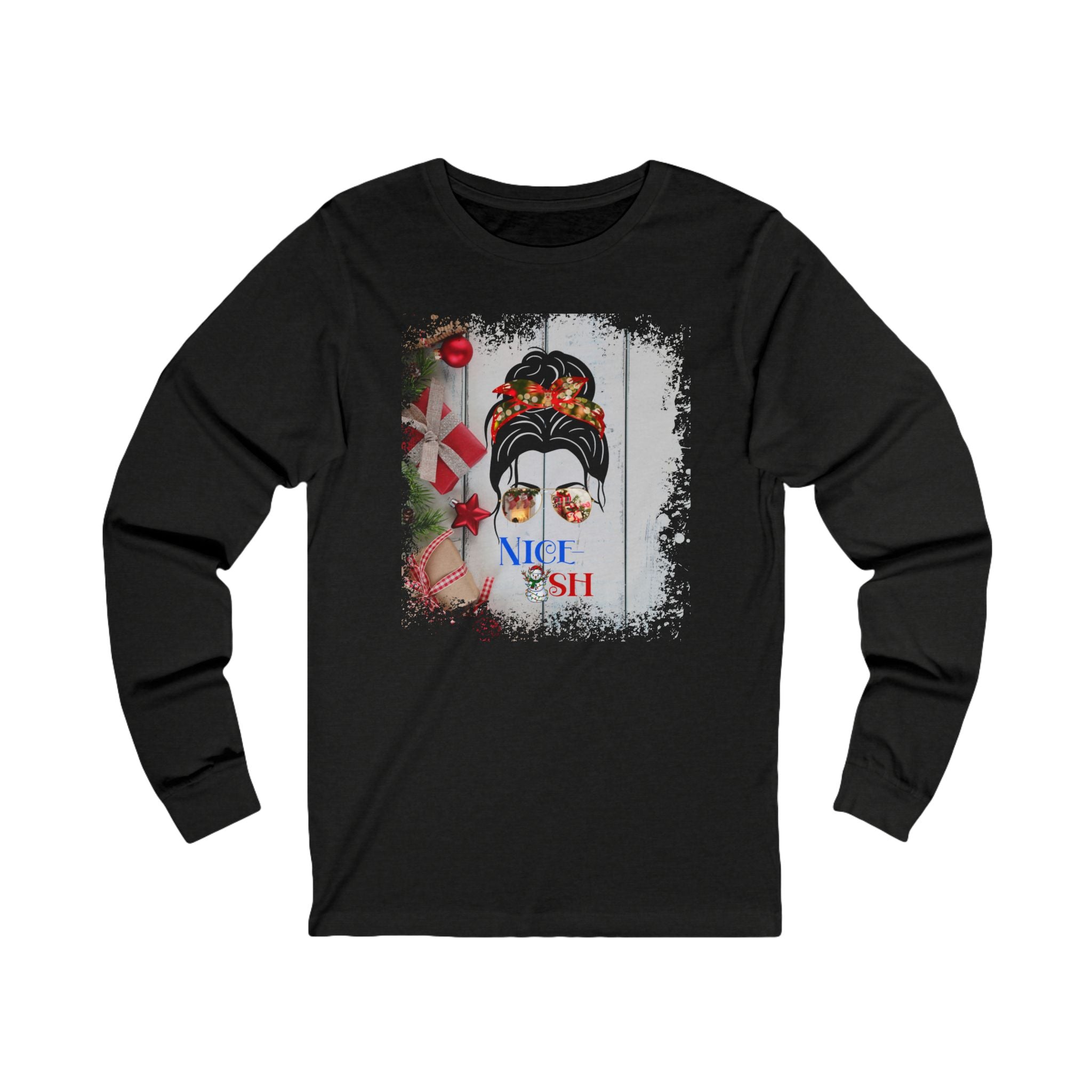 Nice-ish Christmas Presents, Dark Hair Messy Bun, Unisex Jersey Long Sleeve Tee