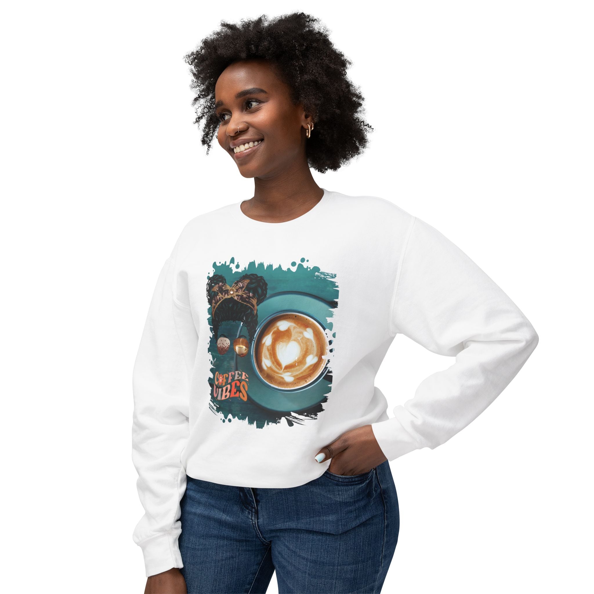 Coffee Vibes, Coffee Cup, Black Hair Messy Bun, Unisex Lightweight Crewneck Sweatshirt