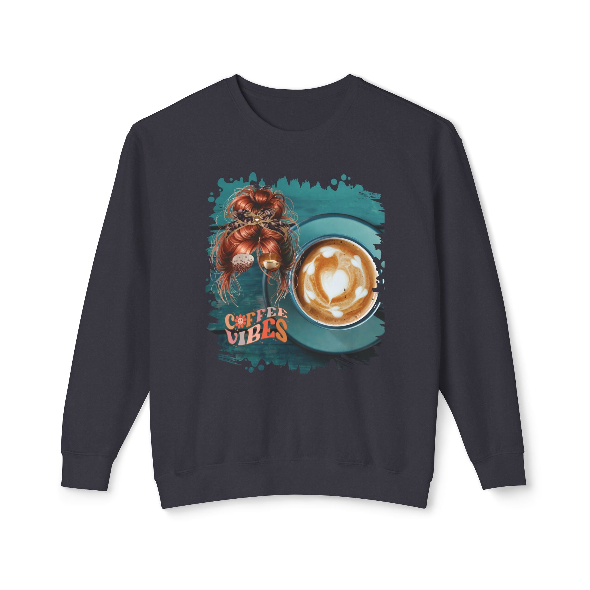 Coffee Vibes, Coffee Cup, Red Hair Messy Bun, Unisex Lightweight Crewneck Sweatshirt