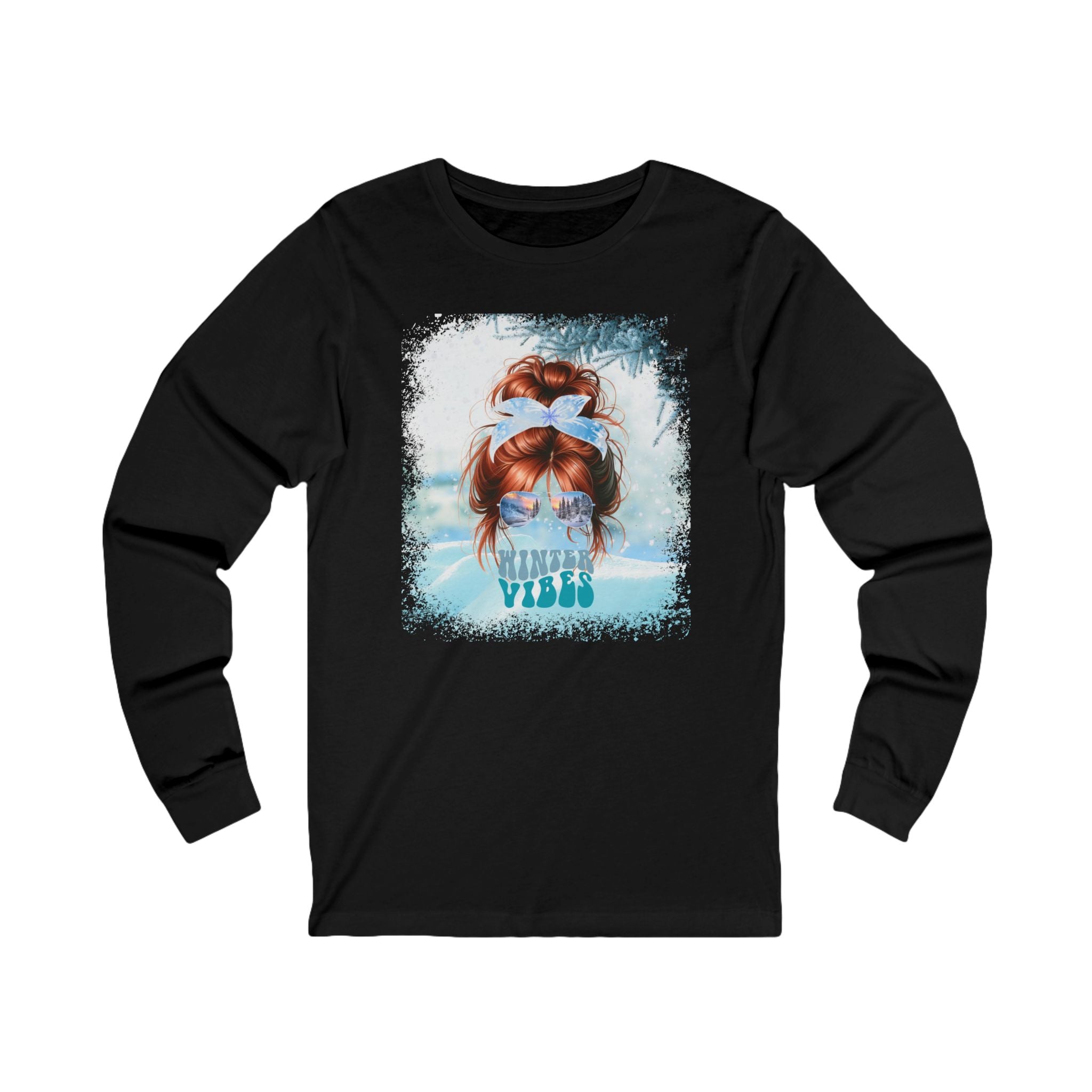 Winter Vibes Snow, Red Hair Messy Bun, Unisex Jersey Long Sleeve Tee