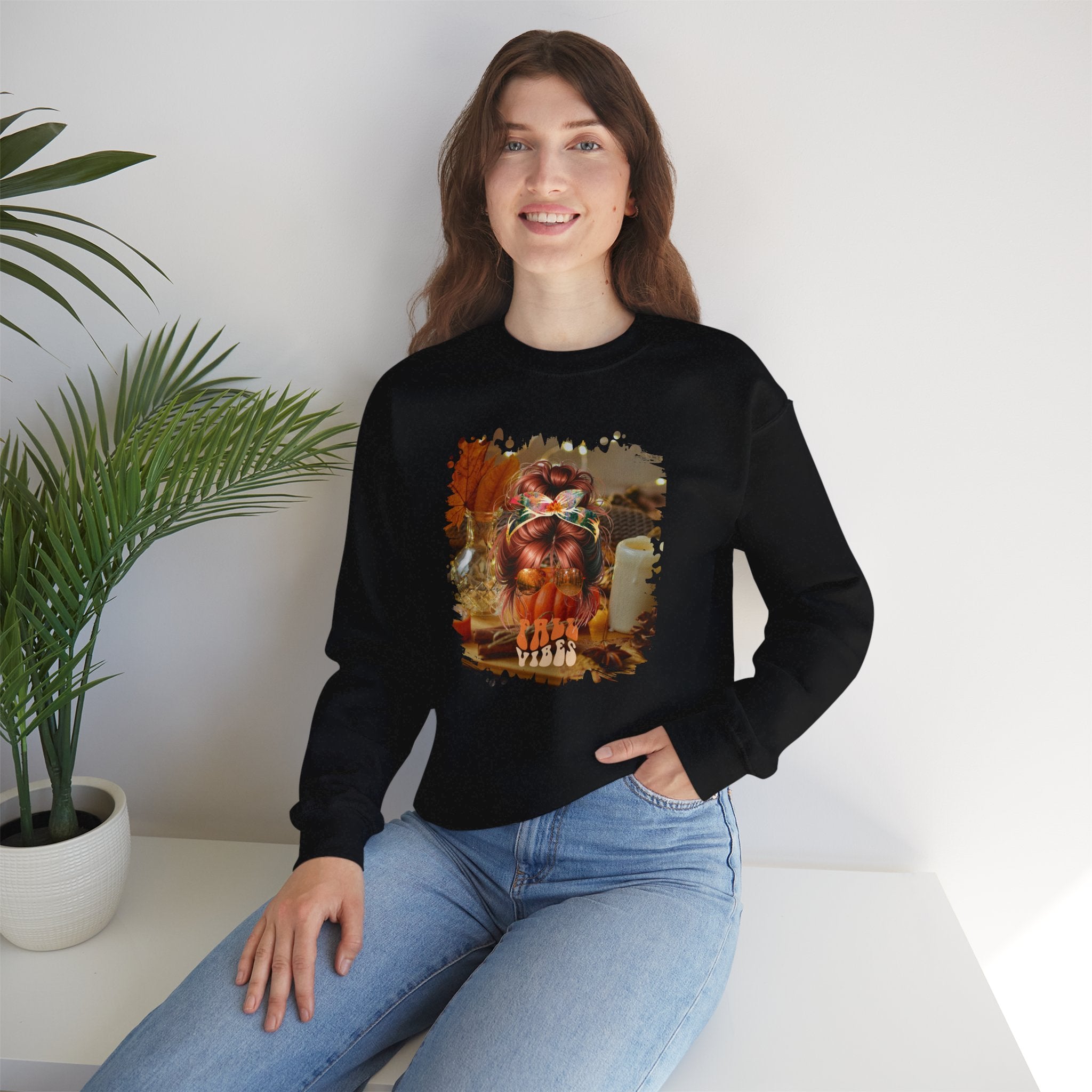 Fall Vibes Fall Home, Red Hair Messy Bun, Unisex Heavy Blend™ Crewneck Sweatshirt