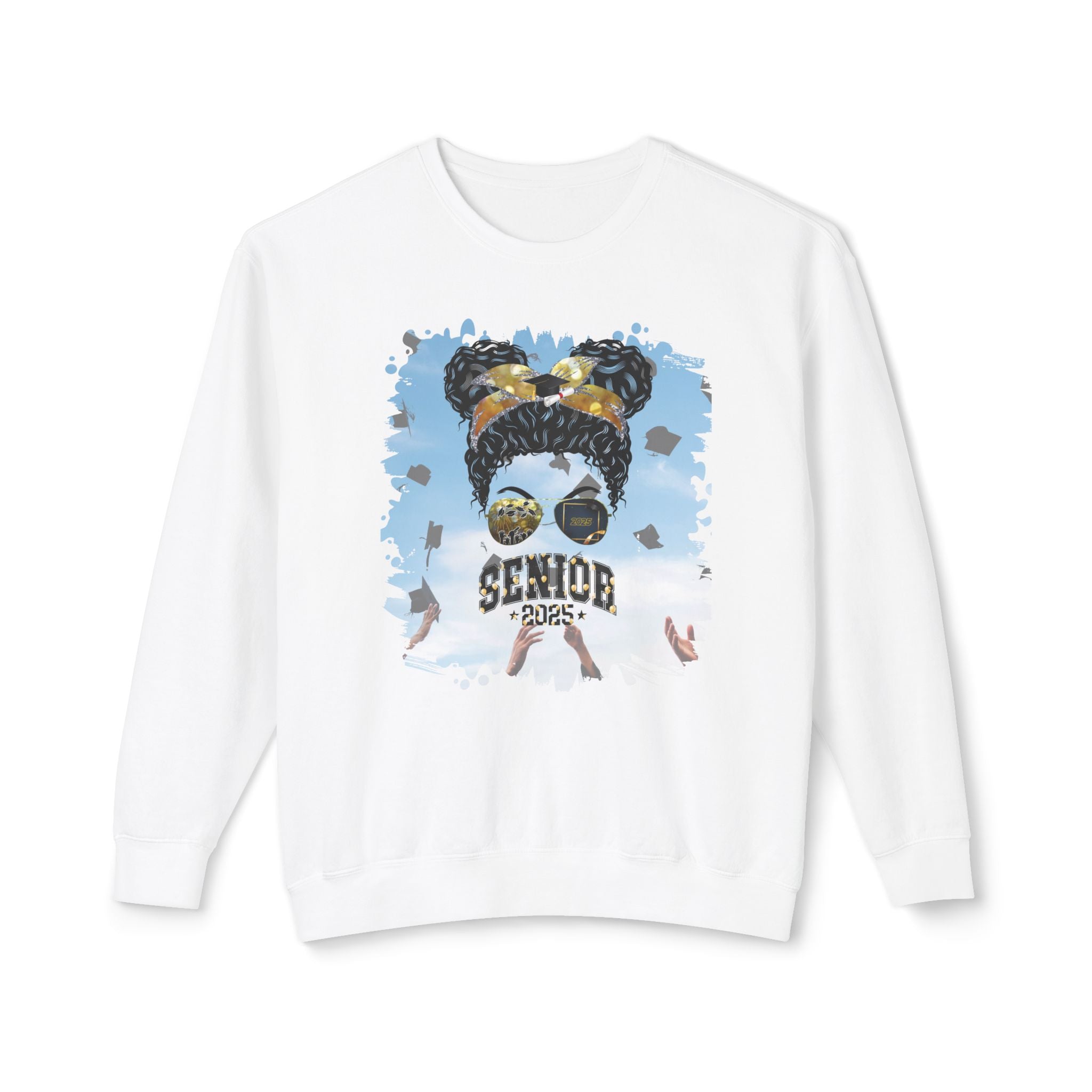 Senior 2025 Balloons, Celebration, Black Hair Messy Bun, Unisex Lightweight Crewneck Sweatshirt