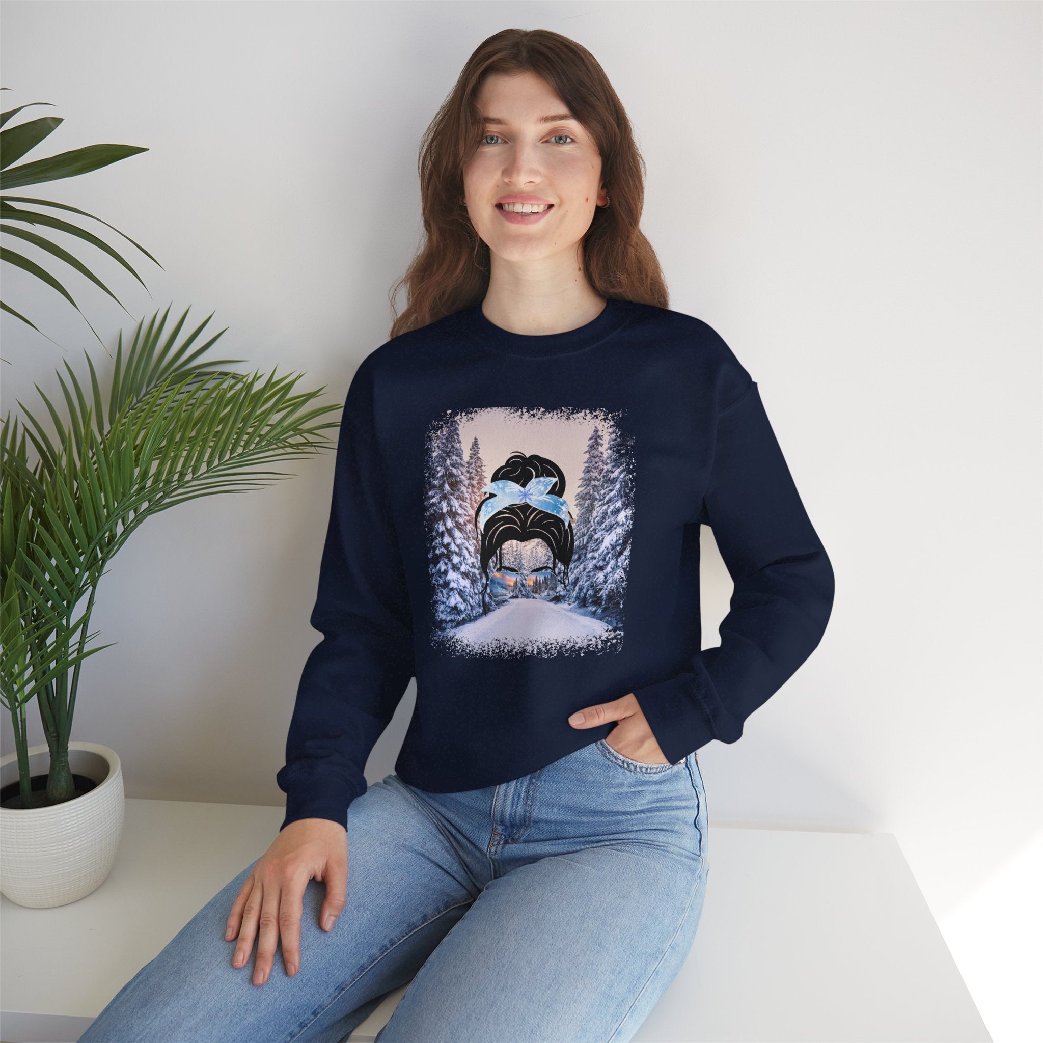 Winter Trail, Dark Hair Messy Bun, Unisex Heavy Blend™ Crewneck Sweatshirt