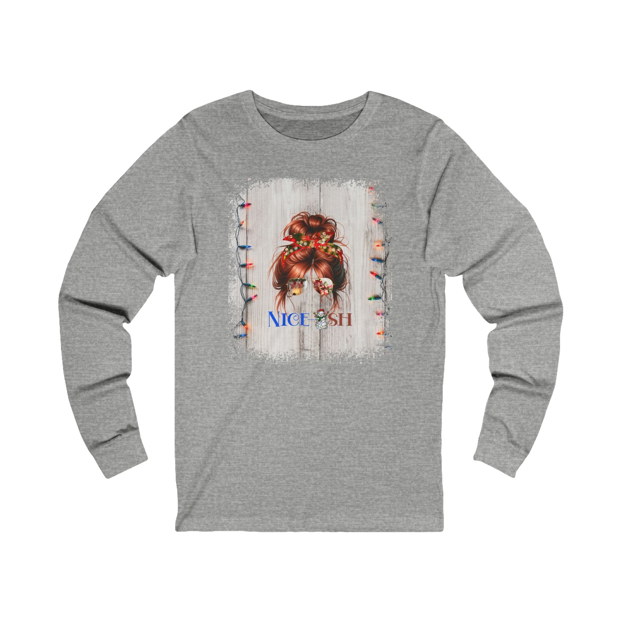 Nice-ish Christmas Lights String, Red Hair Messy Bun, Unisex Jersey Long Sleeve Tee