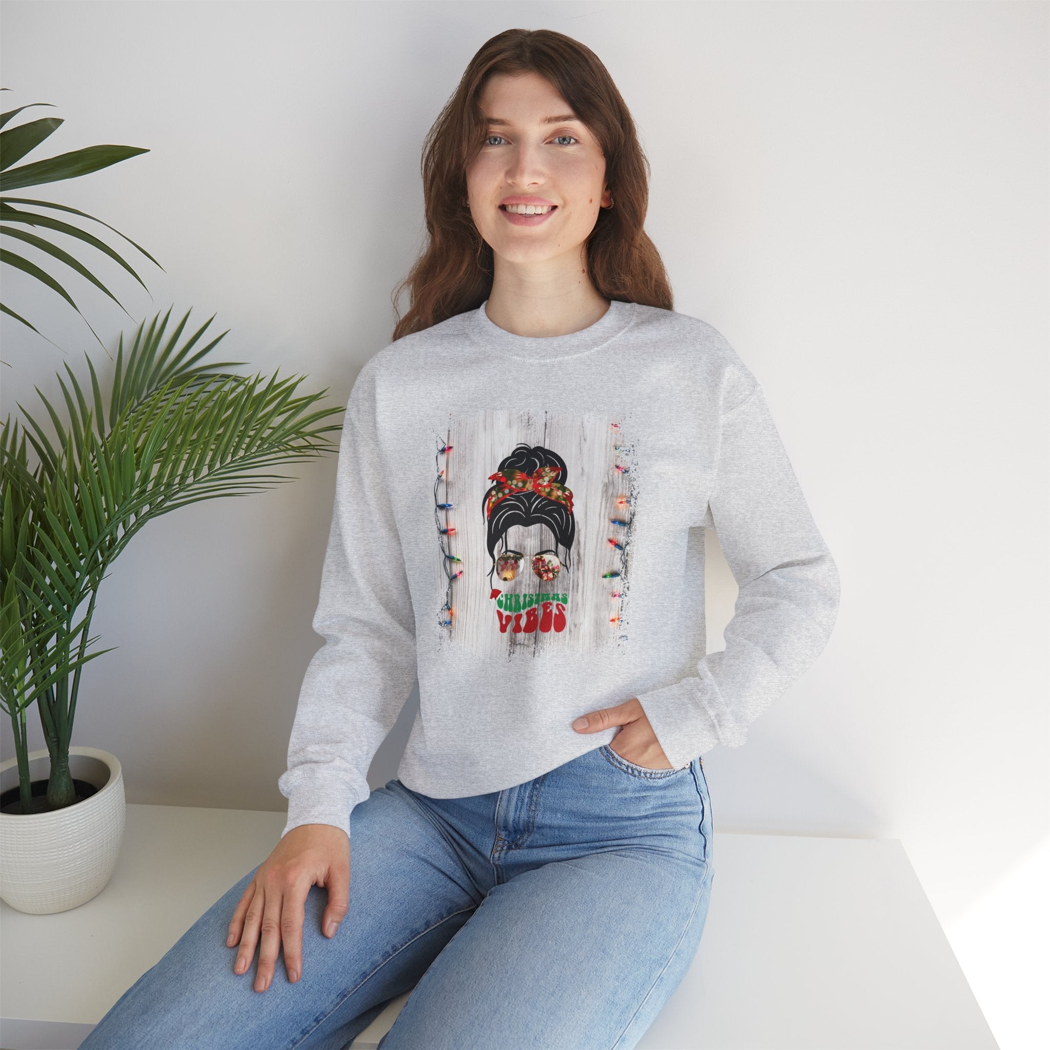 Christmas Vibes Christmas String Lights, Dark Hair Messy Bun, Unisex Heavy Blend™ Crewneck Sweatshirt