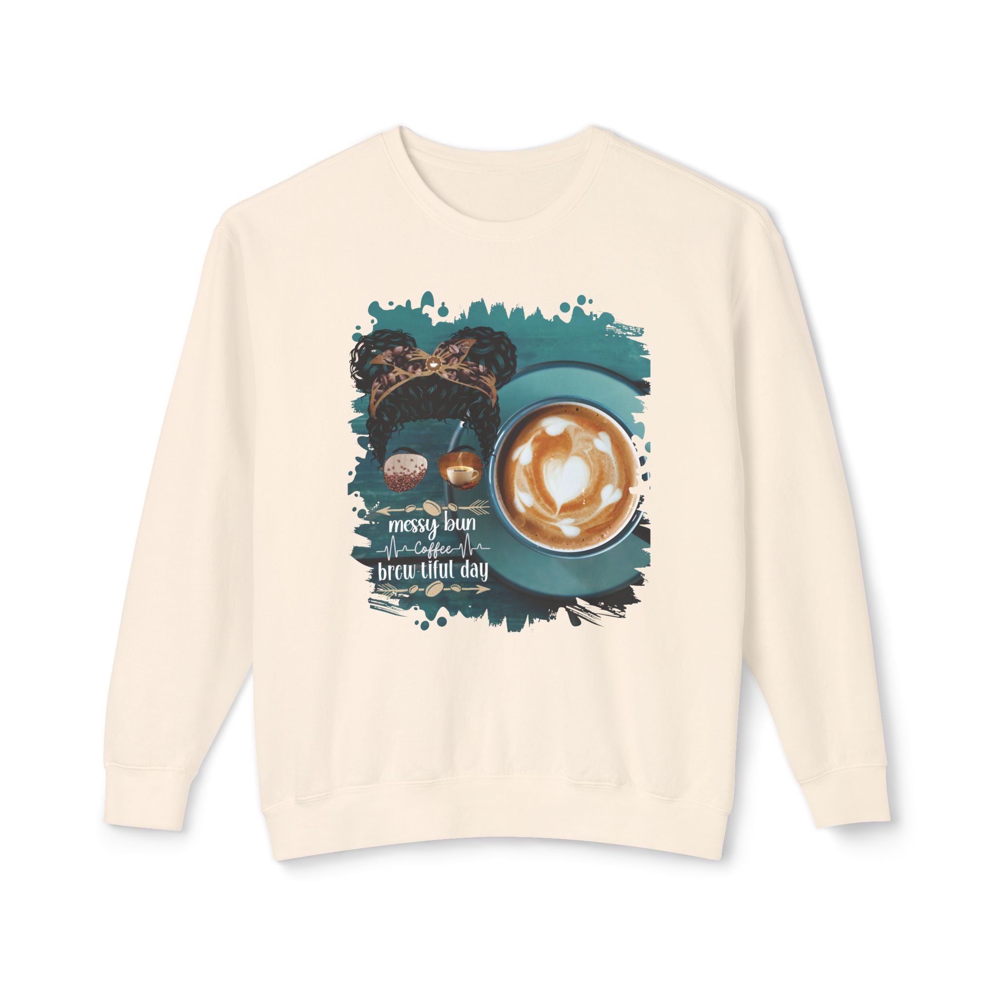 Coffee Heartbeat, Coffee Cup, Black Hair Messy Bun, Unisex Lightweight Crewneck Sweatshirt