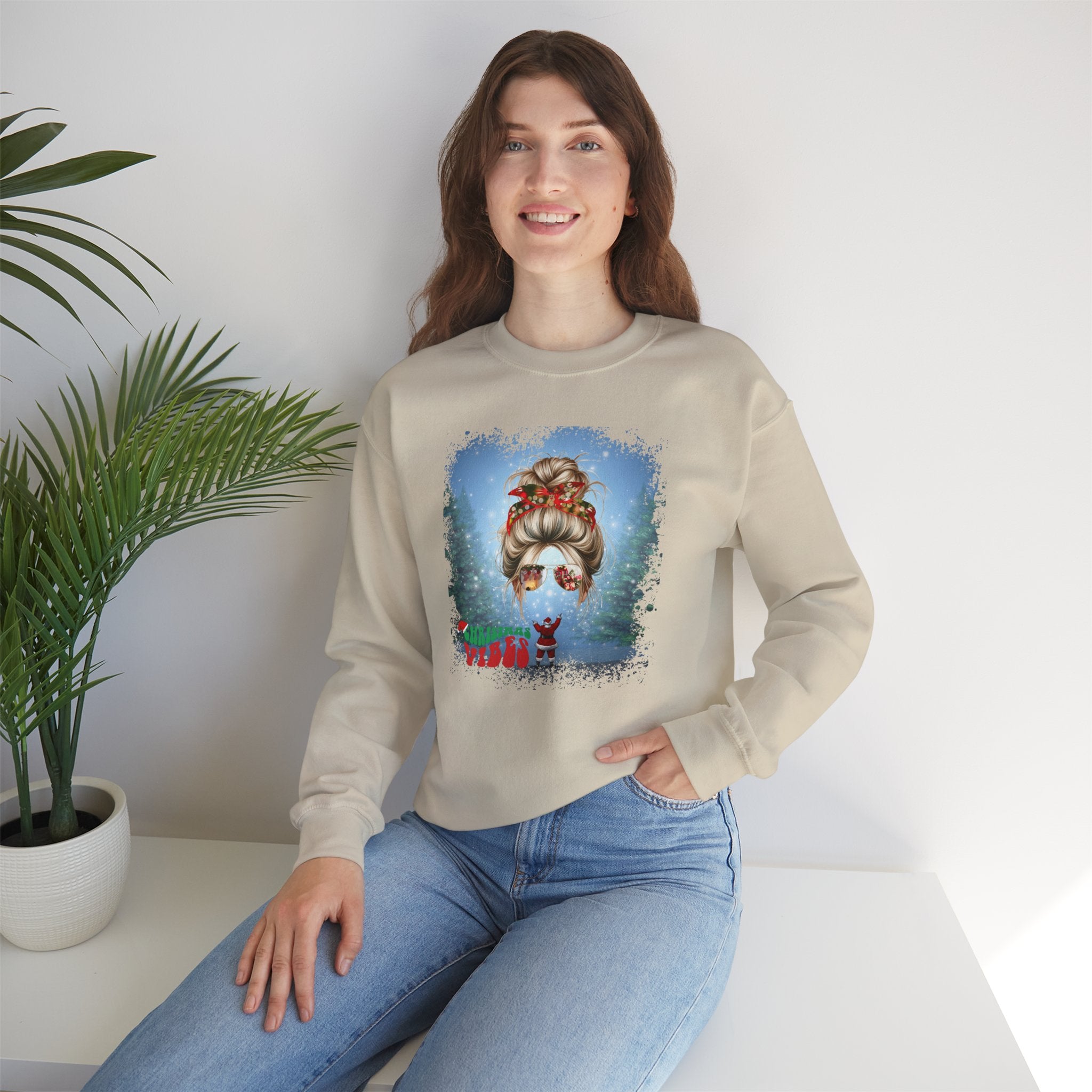 Christmas Vibes Santa, Blond Hair Messy Bun, Unisex Heavy Blend™ Crewneck Sweatshirt