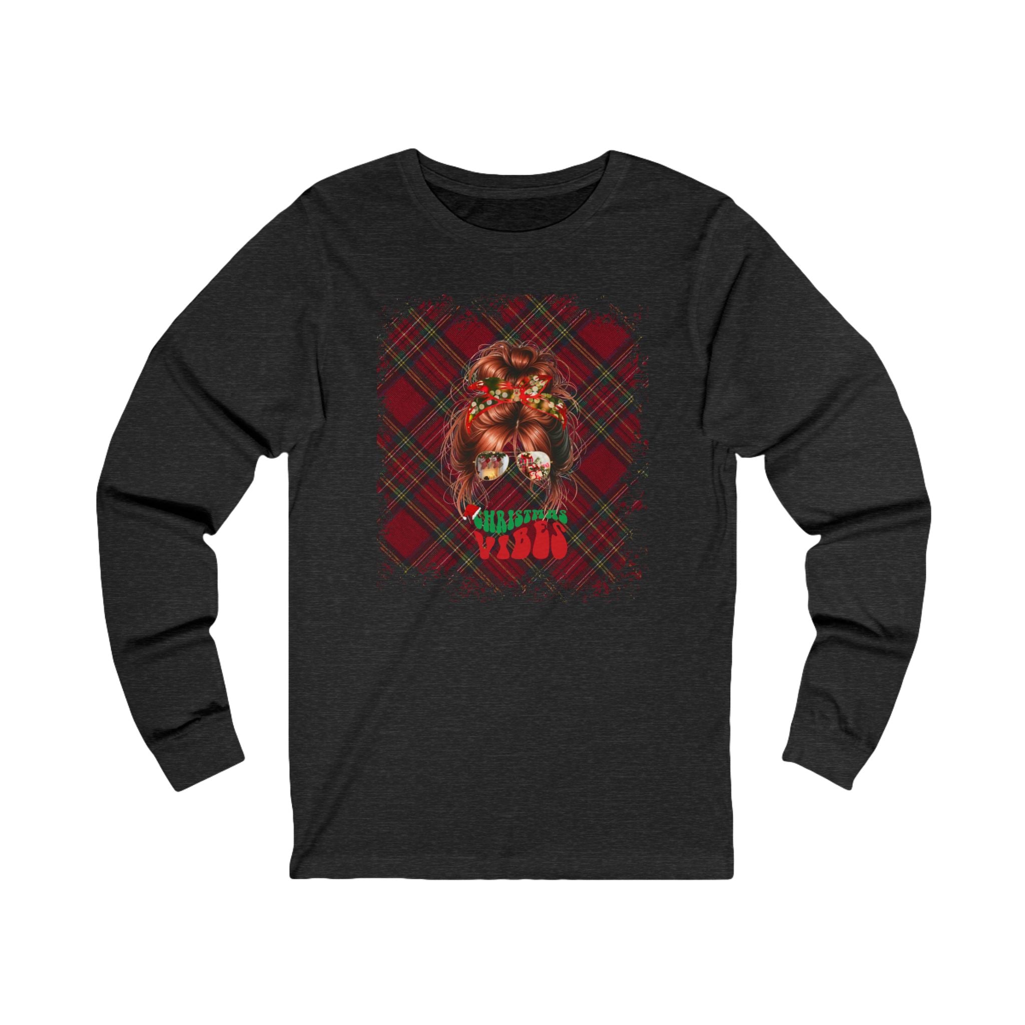 Christmas Vibes Christmas Plaid, Red Hair Messy Bun, Unisex Jersey Long Sleeve Tee