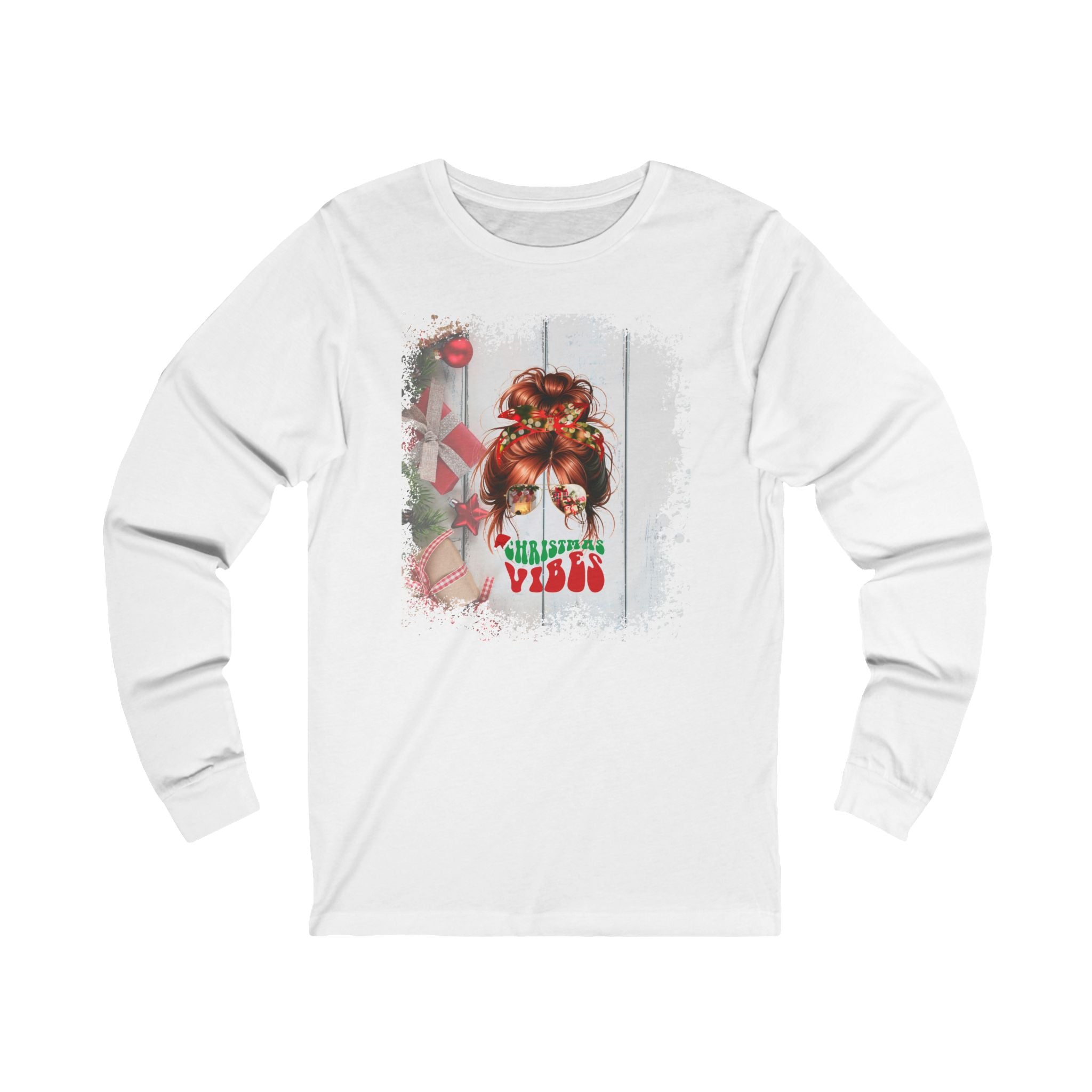 Christmas Vibes Christmas Presents, Red Hair Messy Bun, Unisex Jersey Long Sleeve Tee