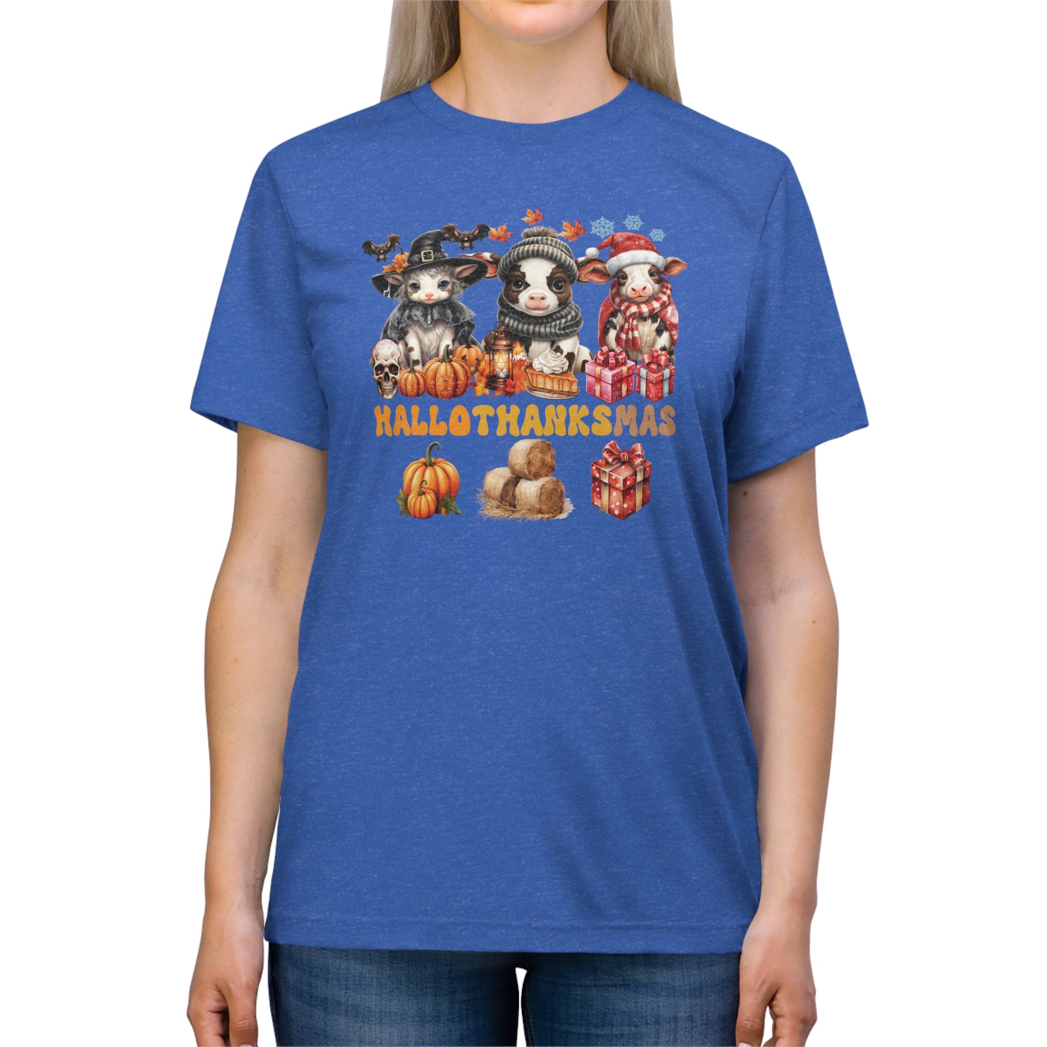 Spooky to Jolly - All-Season Celebration HalloThanksMas Tee (3), Unisex Triblend T-Shirt