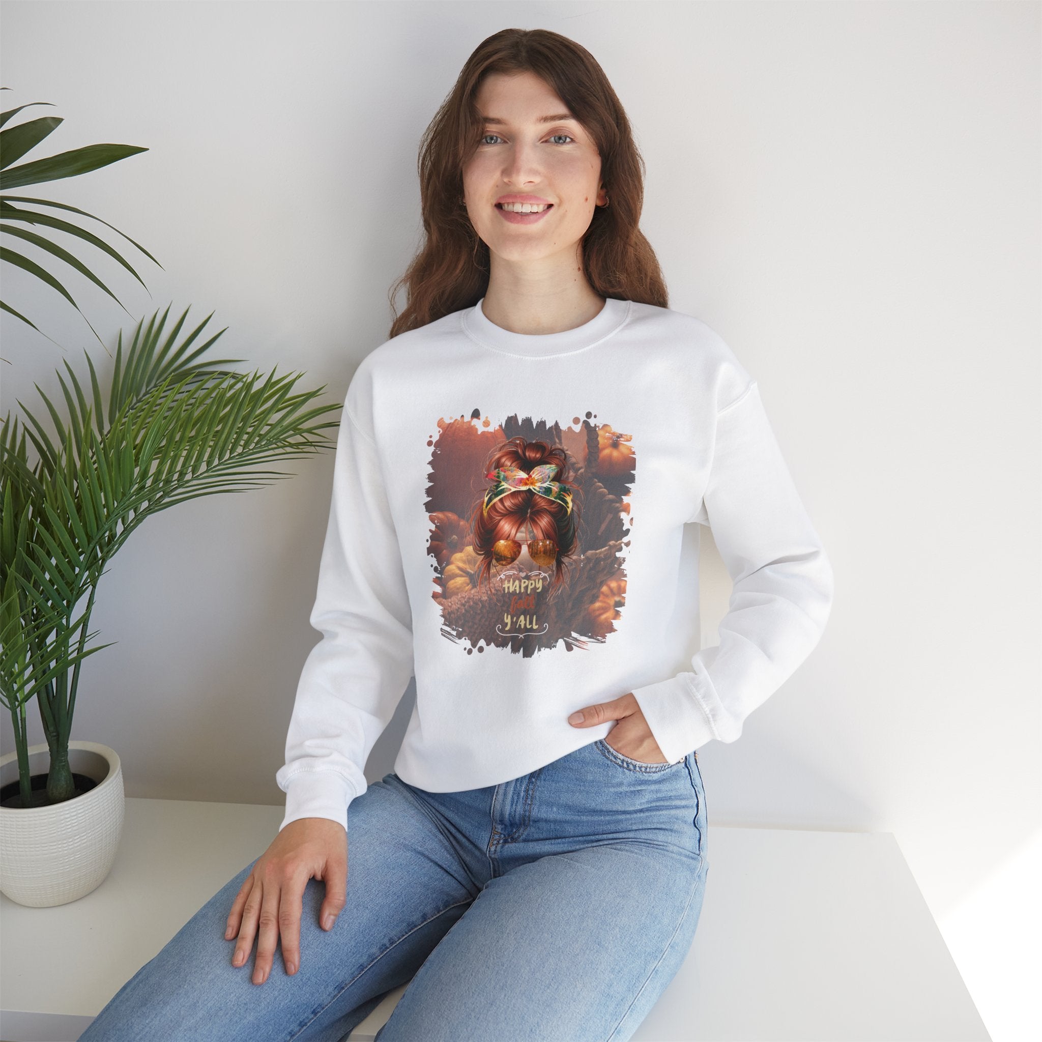 Happy Fall Y'all Fall Pumpkins, Red Hair Messy Bun, Unisex Heavy Blend™ Crewneck Sweatshirt