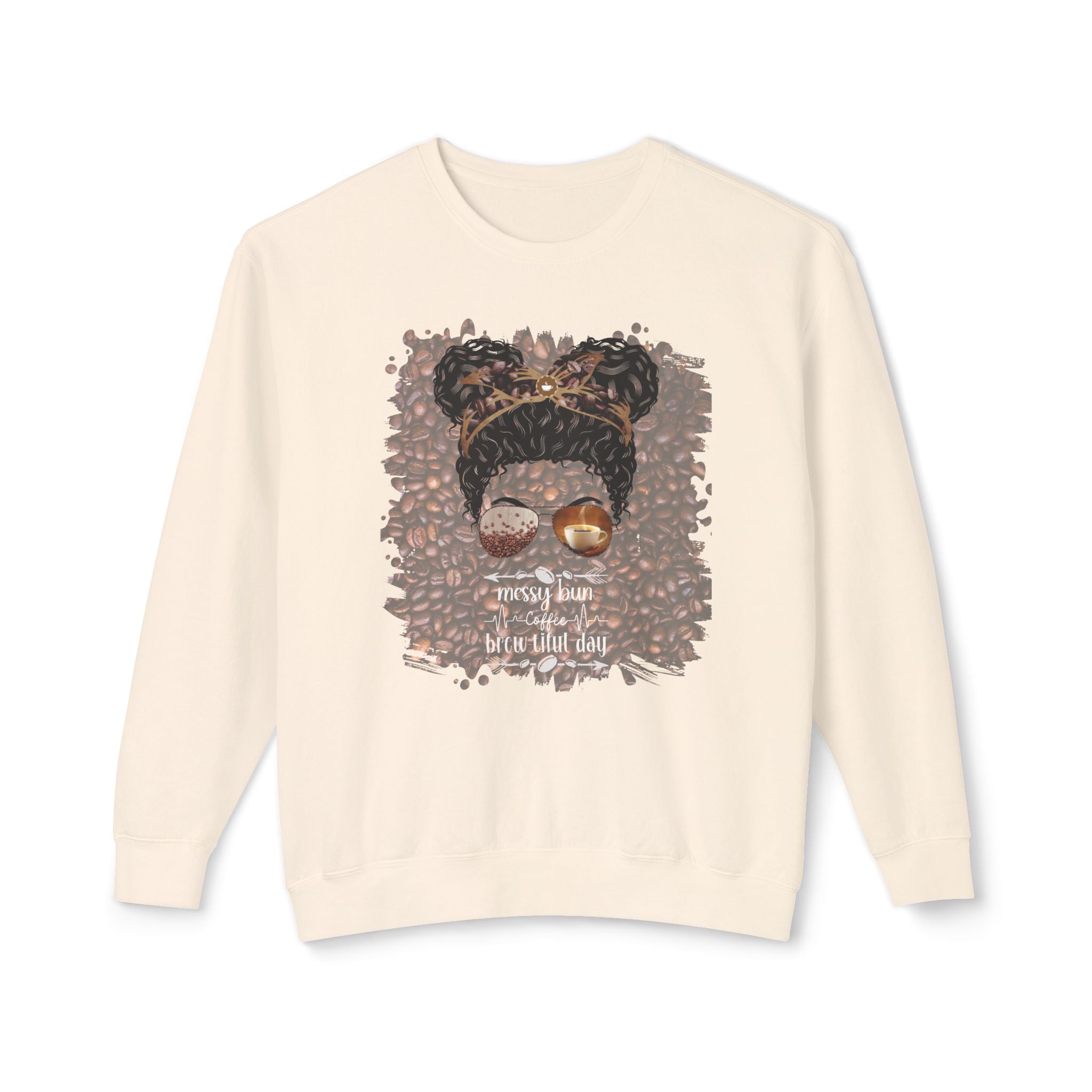 Coffee Heartbeat, Coffee Beans, Black Hair Messy Bun, Unisex Lightweight Crewneck Sweatshirt