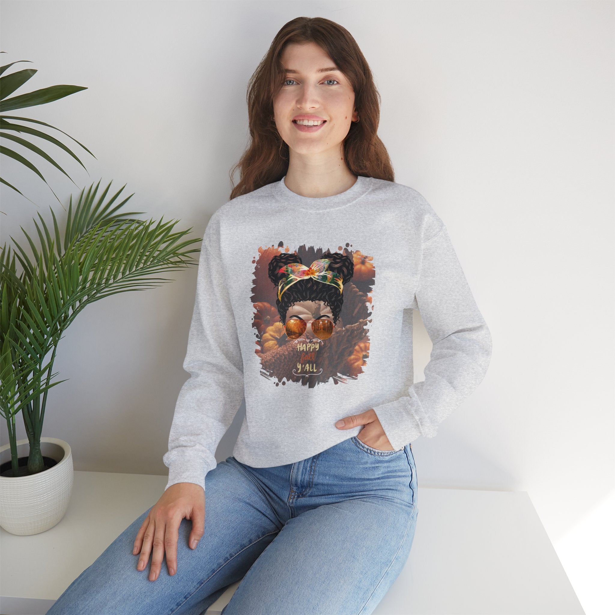 Happy Fall Y'all Fall Pumpkins, Black Hair Messy Bun, Unisex Heavy Blend™ Crewneck Sweatshirt