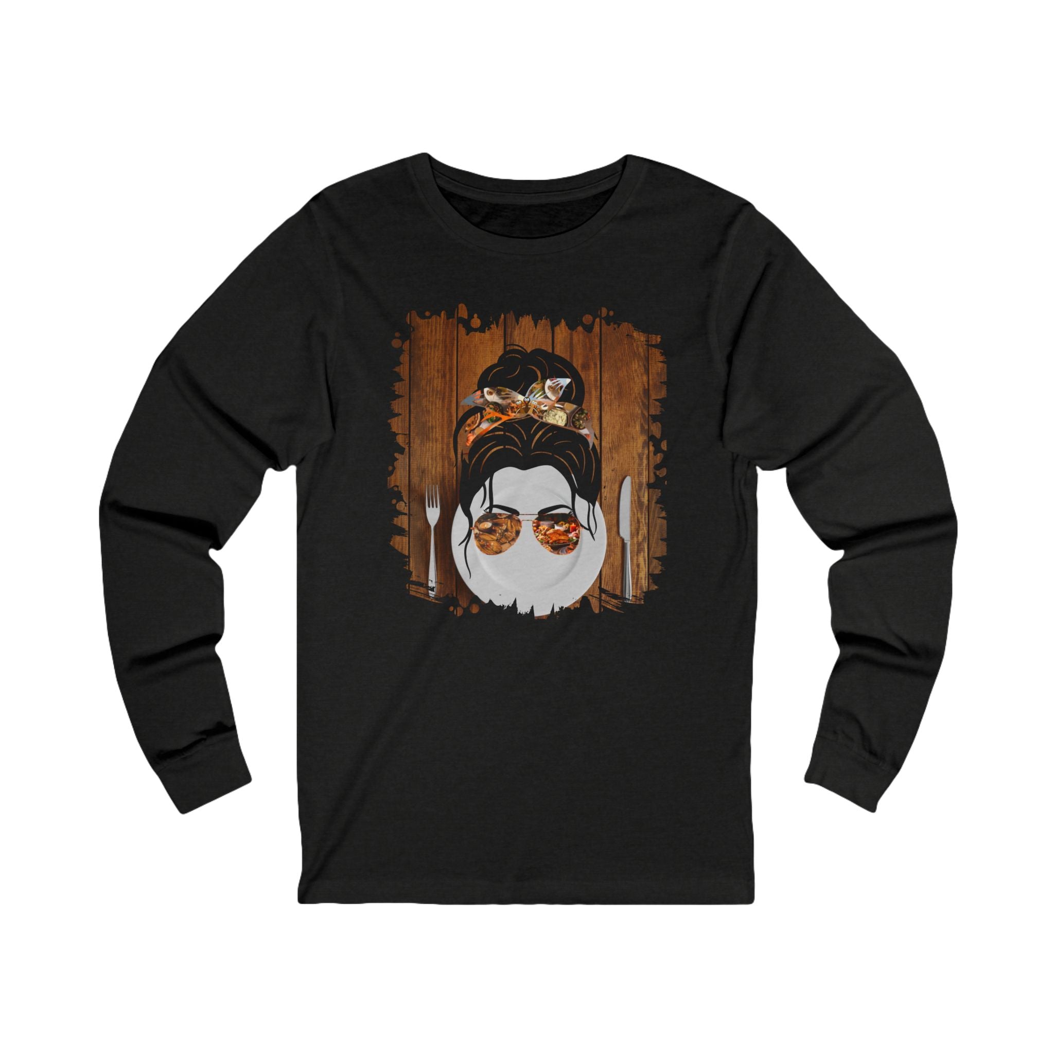 Plate Setting, Dark Hair Messy Bun, Unisex Jersey Long Sleeve Tee