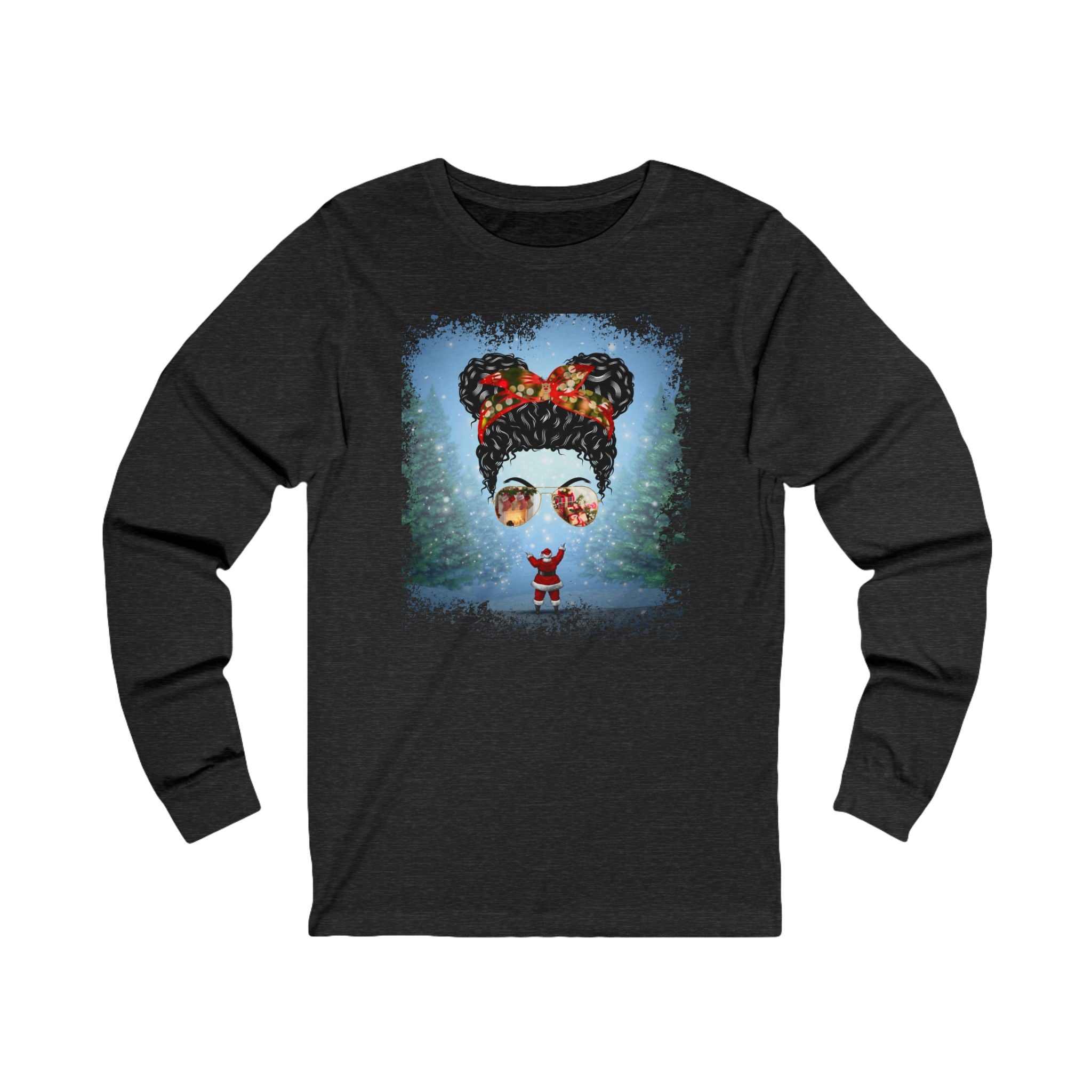 Santa, Black Hair Messy Bun, Unisex Jersey Long Sleeve Tee