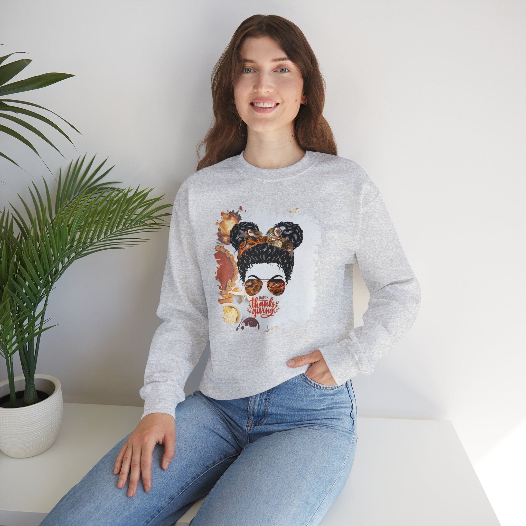 Happy Thanksgiving, Thanksgiving Pie, Black Hair Messy Bun, Unisex Heavy Blend™ Crewneck Sweatshirt