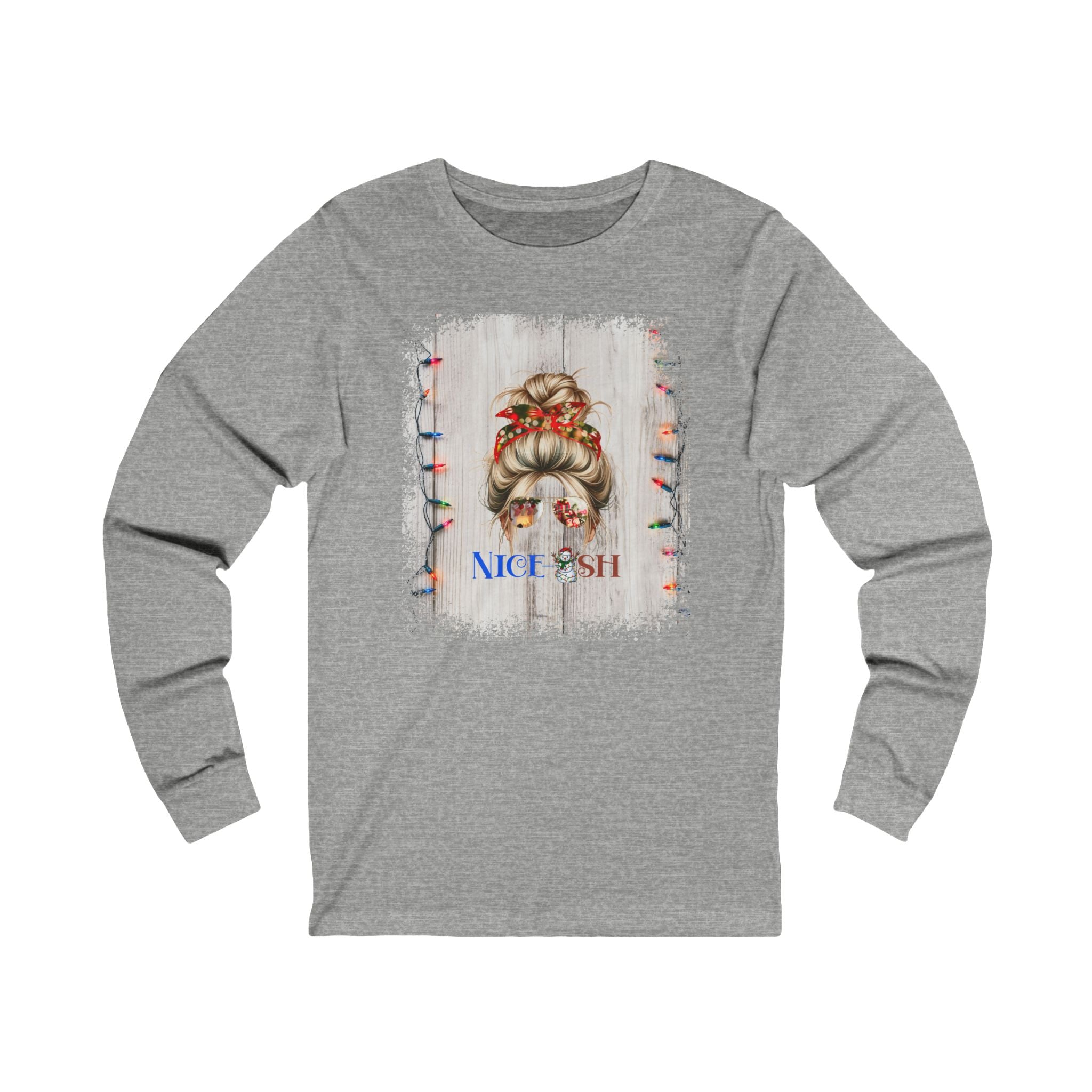 Nice-ish Christmas Lights String, Blond Hair Messy Bun, Unisex Jersey Long Sleeve Tee