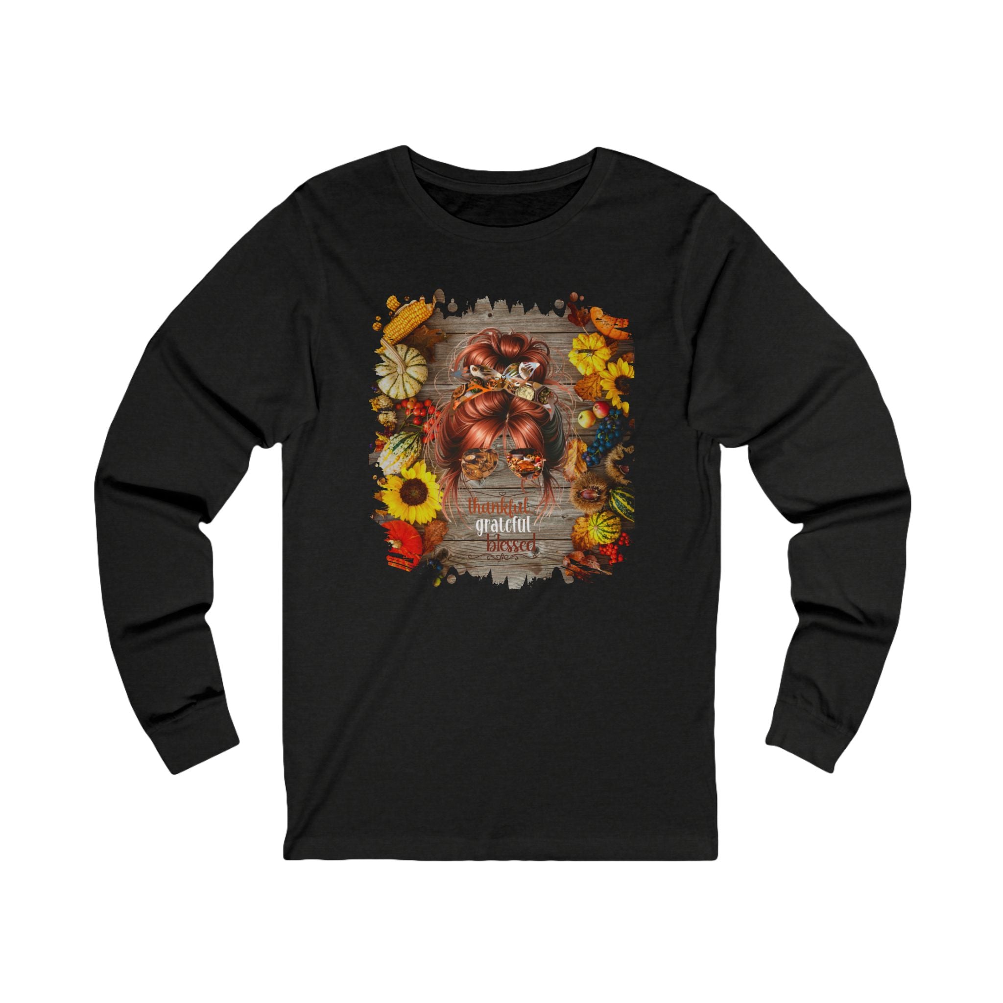 Thankful Grateful Blessed Decorated Background, Red Hair Messy Bun, Unisex Jersey Long Sleeve Tee