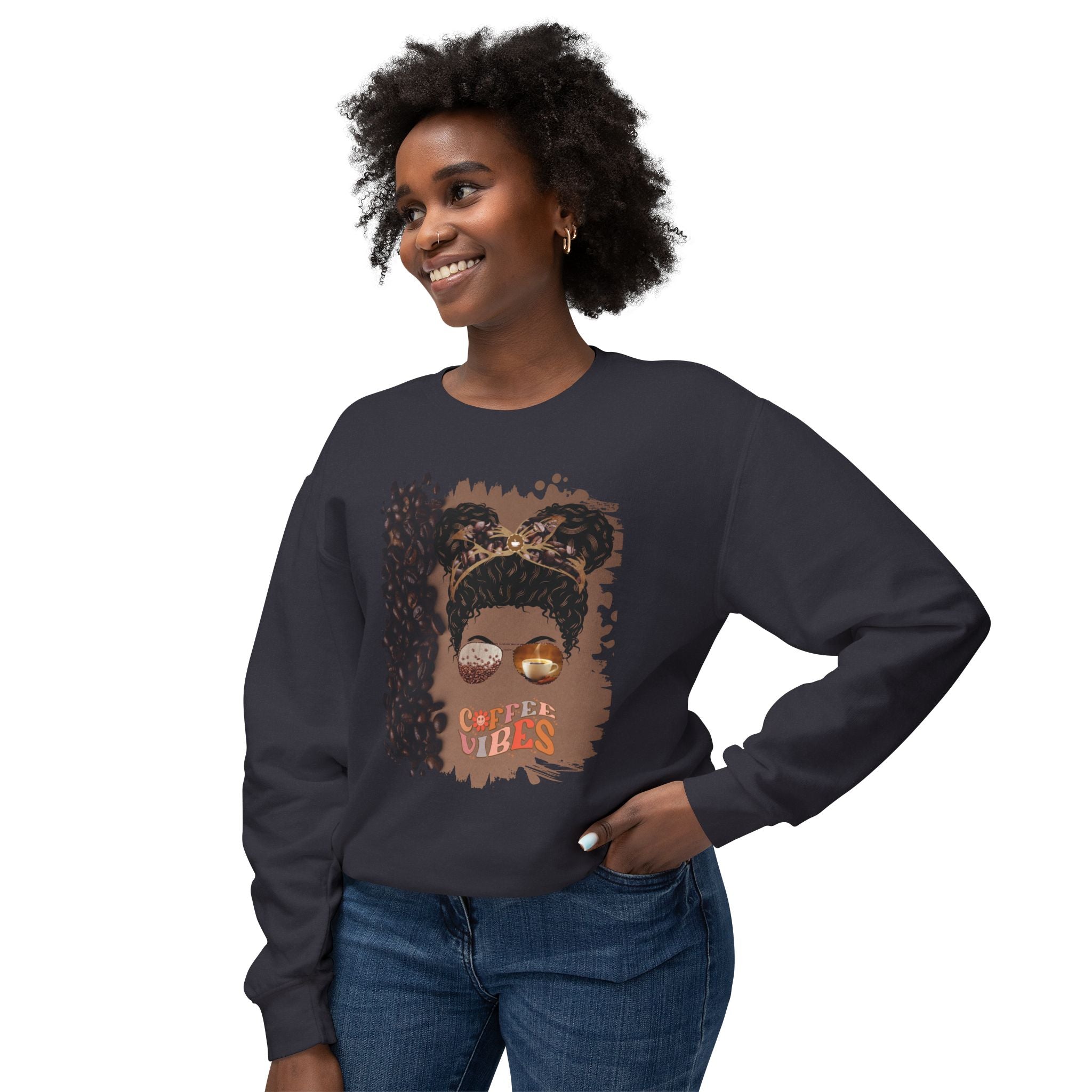 Coffee Vibes, Coffee Beans Shade, Black Hair Messy Bun, Unisex Lightweight Crewneck Sweatshirt
