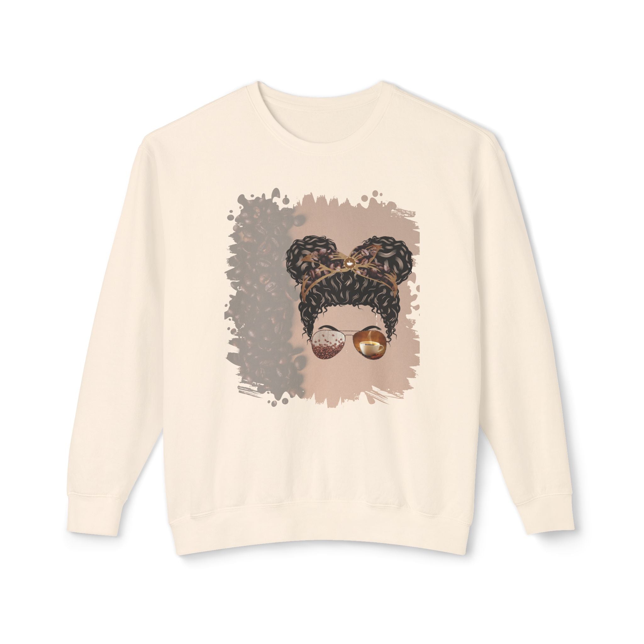 Coffee Beans Shade, Black Hair Messy Bun, Unisex Lightweight Crewneck Sweatshirt