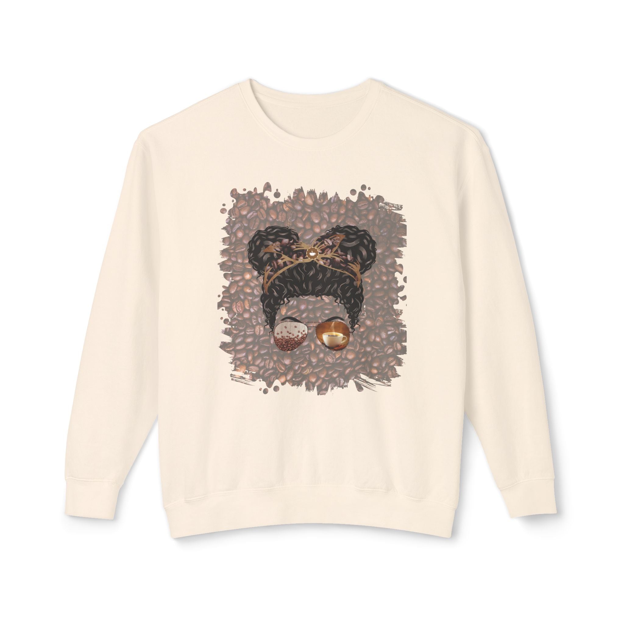 Coffee Beans, Black Hair Messy Bun, Unisex Lightweight Crewneck Sweatshirt
