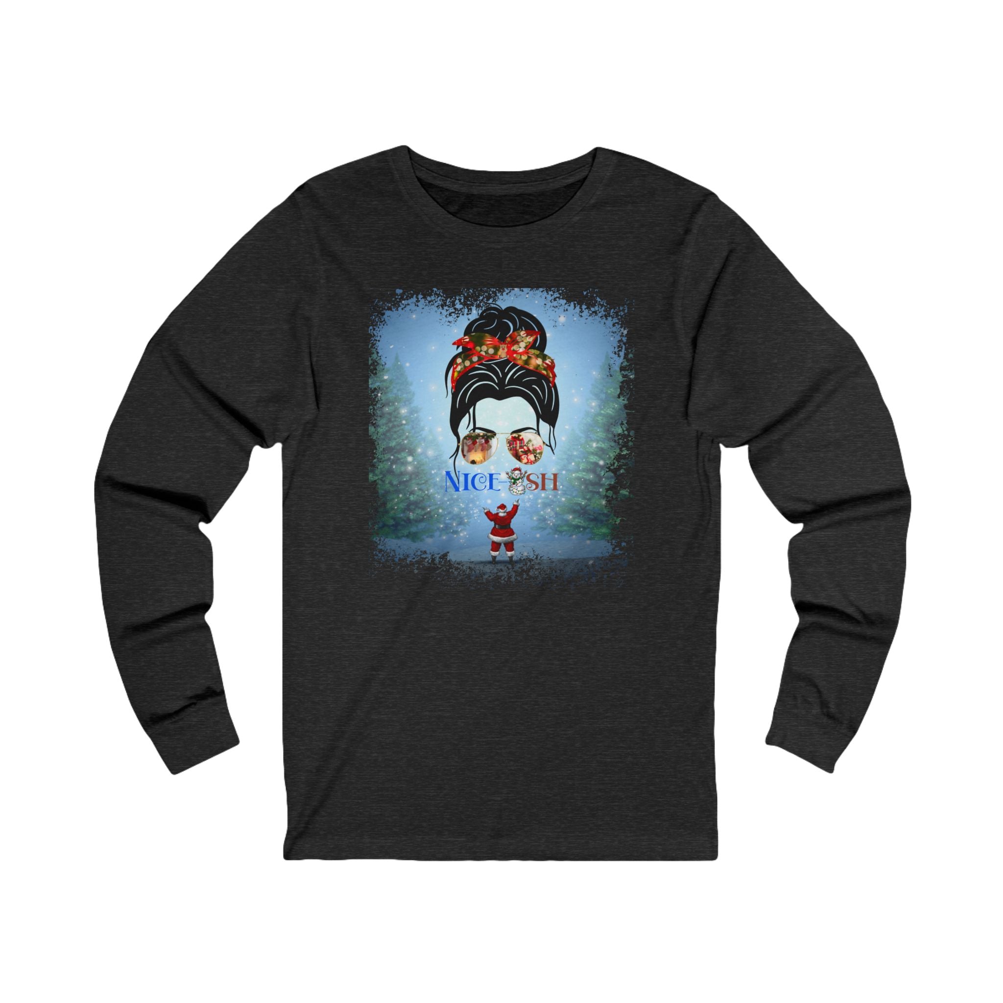 Nice-ish Santa, Dark Hair Messy Bun, Unisex Jersey Long Sleeve Tee