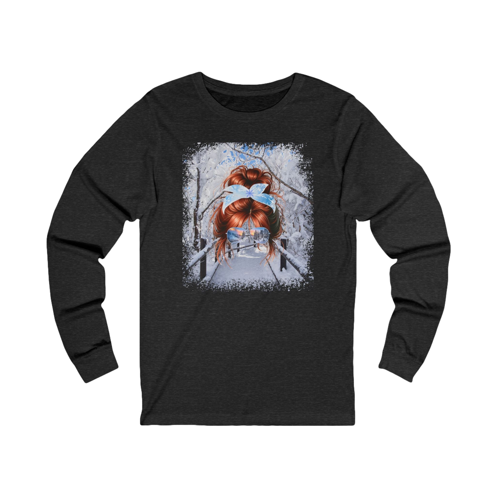 Winter Hike, Red Hair Messy Bun, Unisex Jersey Long Sleeve Tee