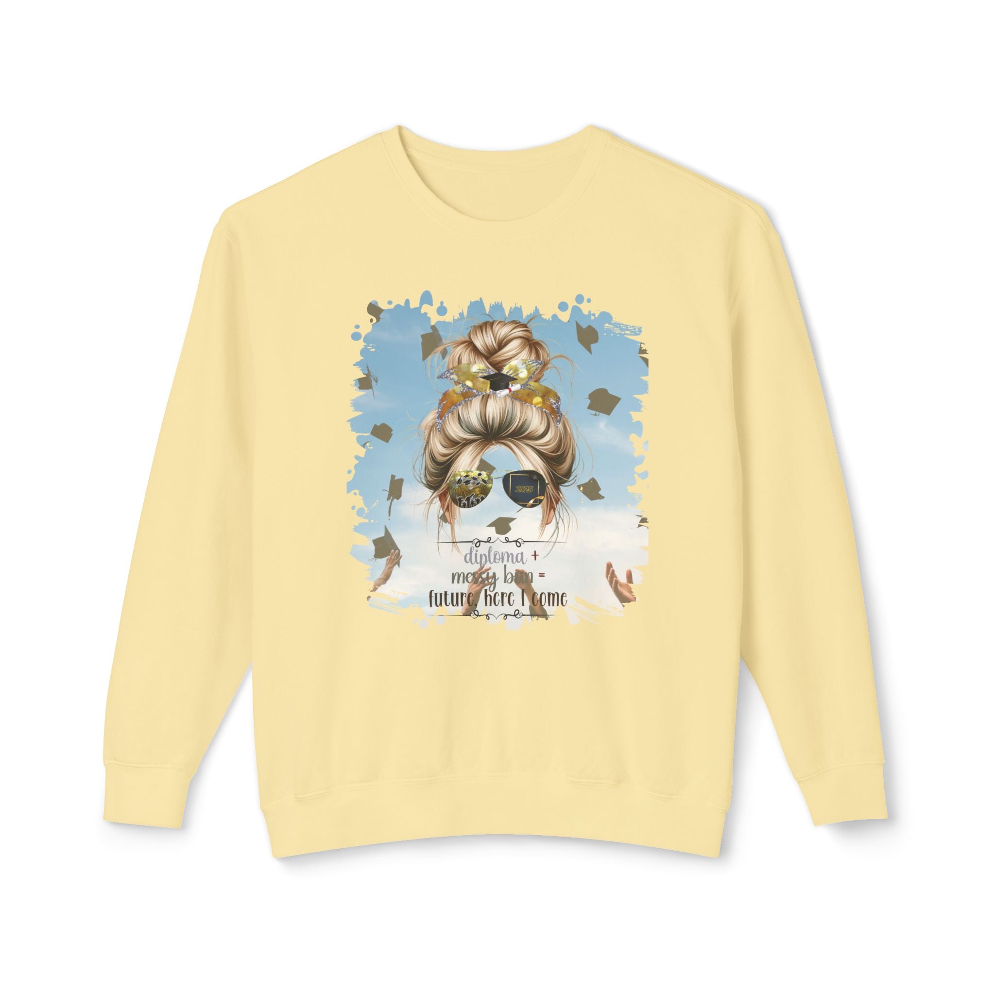 Diploma + Messy Bun, Celebration, Blond Hair Messy Bun, Unisex Lightweight Crewneck Sweatshirt