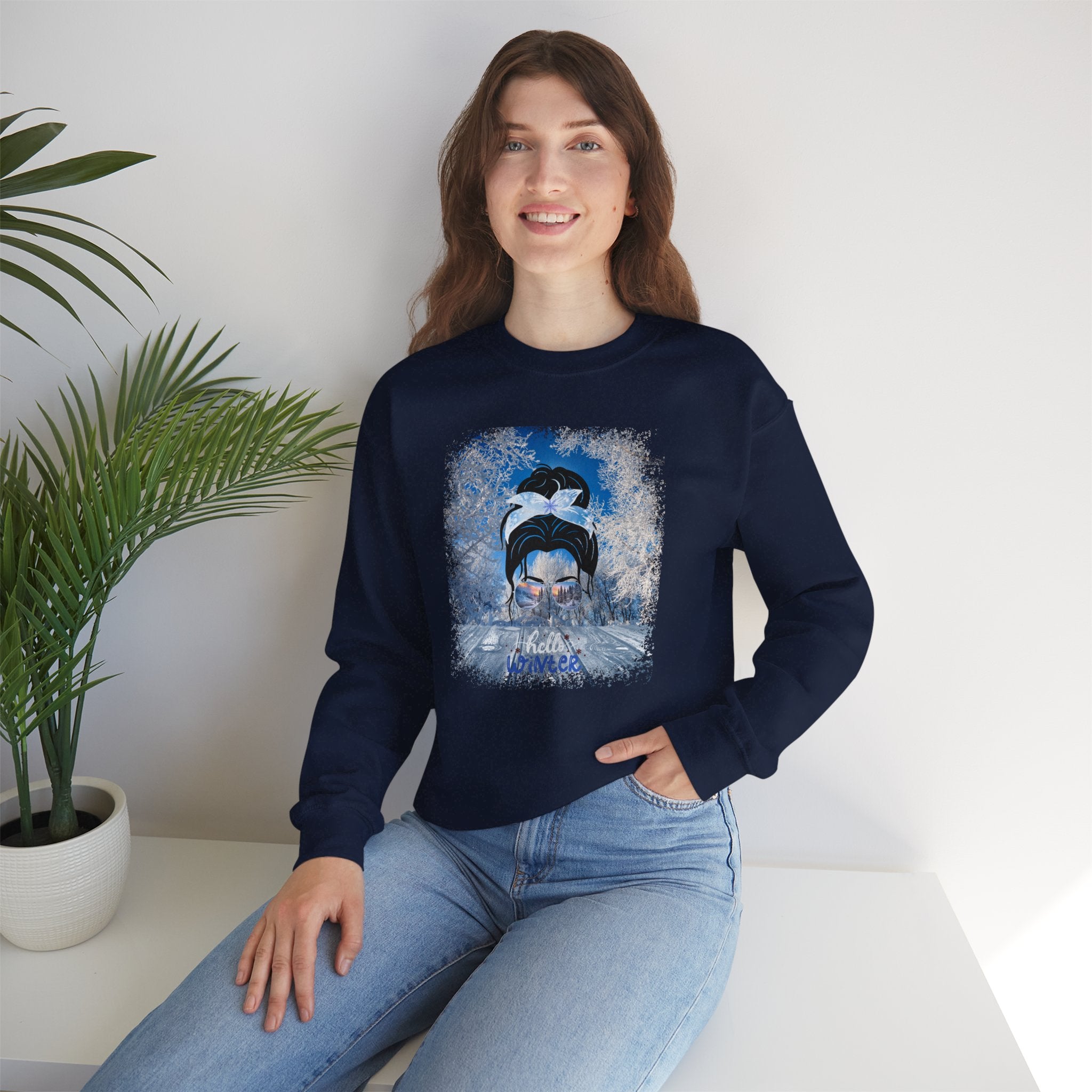 Hello Winter, Winter Porch, Dark Hair Messy Bun, Unisex Heavy Blend™ Crewneck Sweatshirt