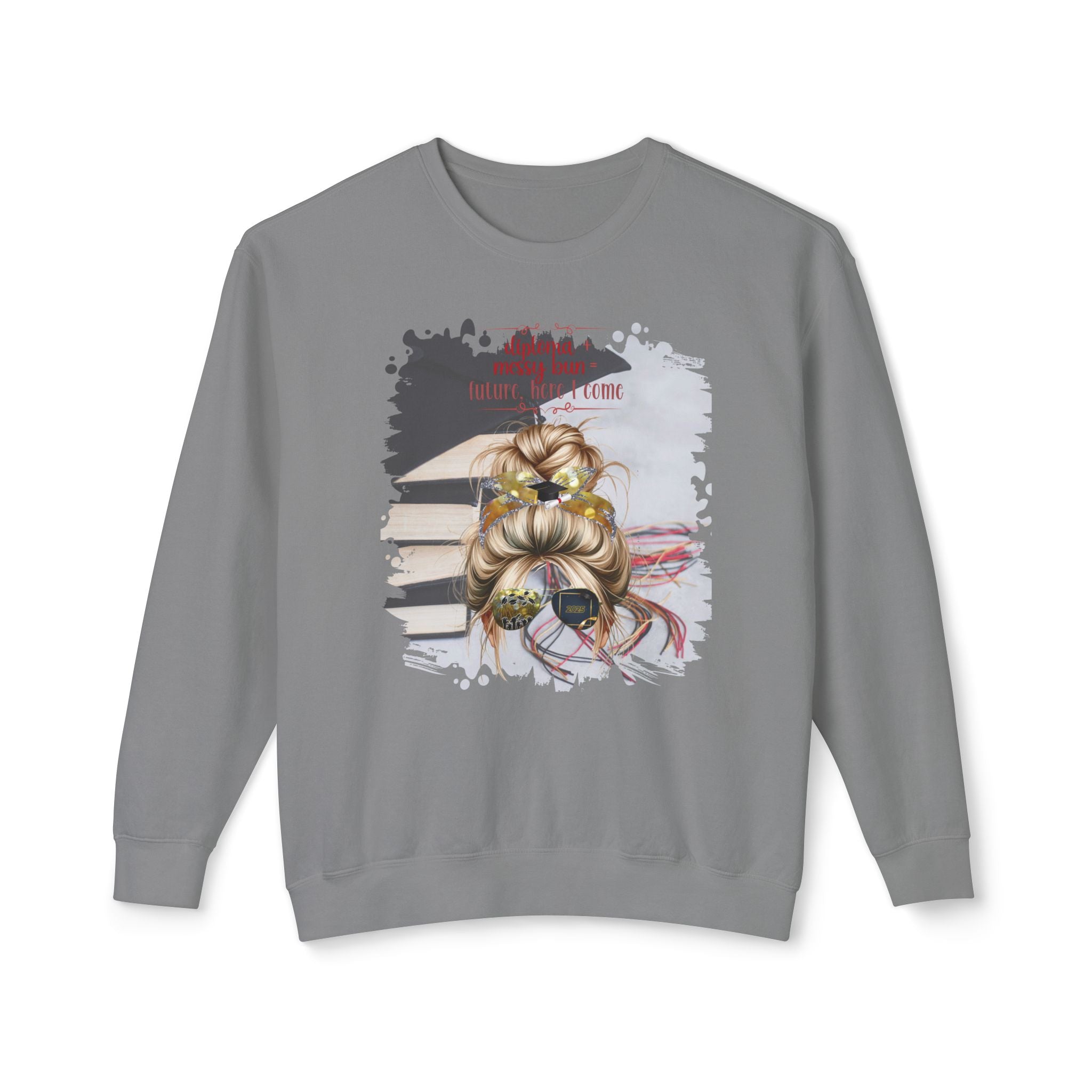 Diploma + Messy Bun, Cap & Books, Blond Hair Messy Bun, Unisex Lightweight Crewneck Sweatshirt