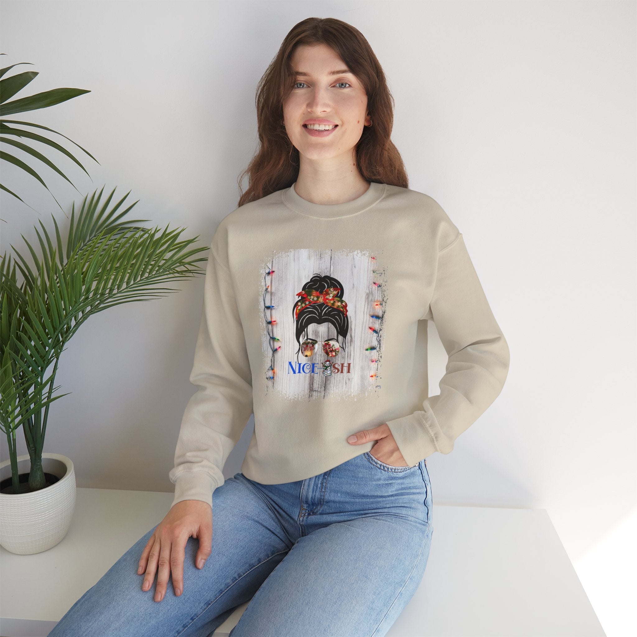 Nice-ish Christmas String Lights, Dark Hair Messy Bun, Unisex Heavy Blend™ Crewneck Sweatshirt