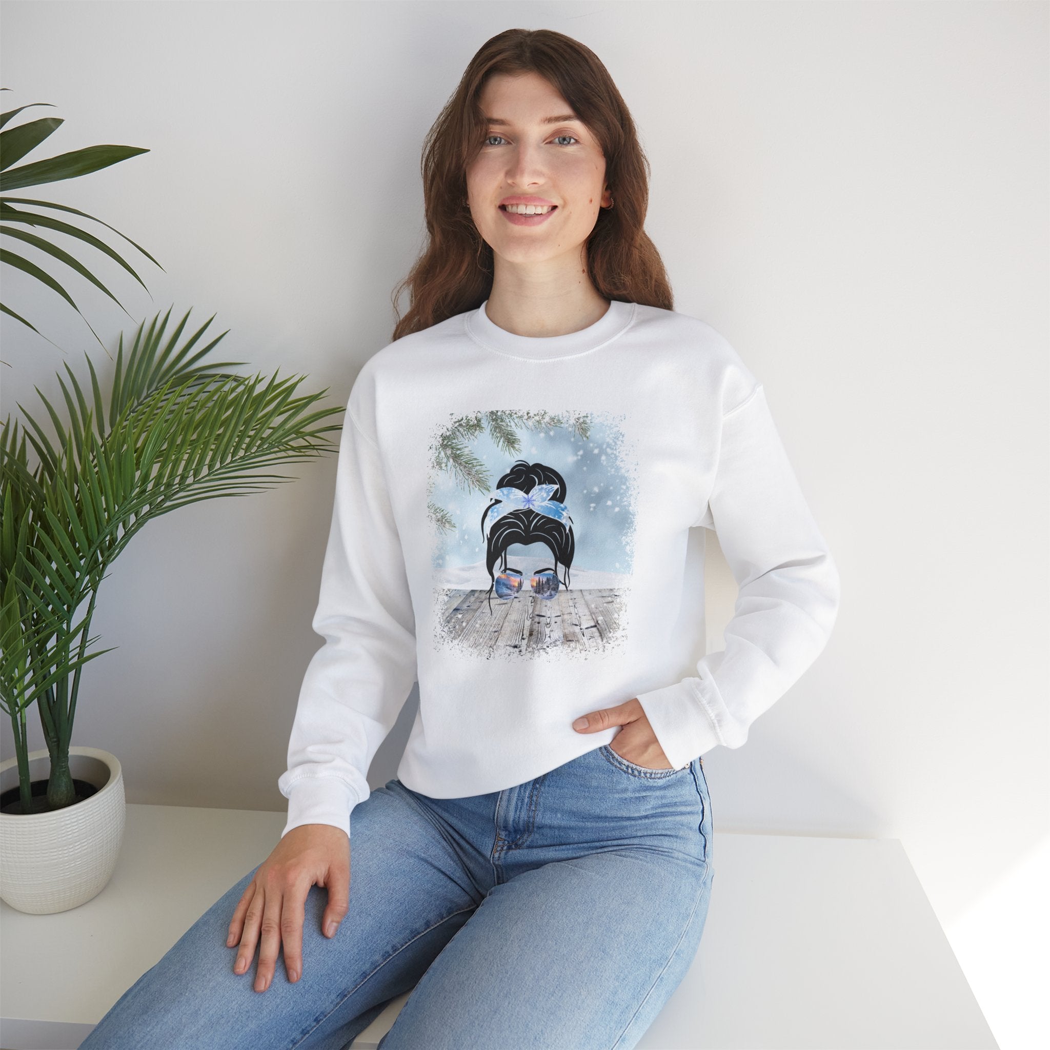 Snowy Porch, Dark Hair Messy Bun, Unisex Heavy Blend™ Crewneck Sweatshirt